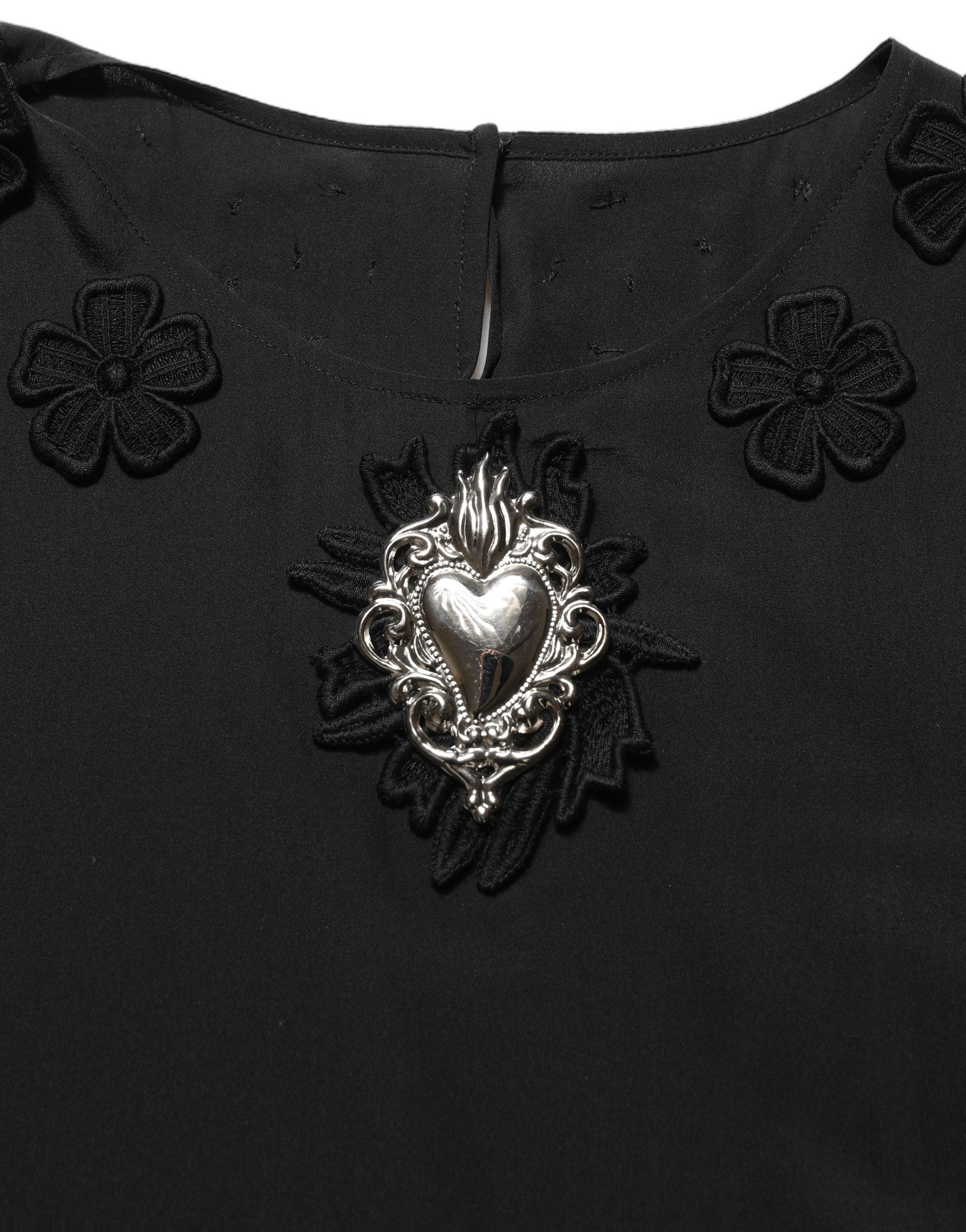 Dolce & Gabbana Black Floral Silk Heart Appliqué Blouse Top