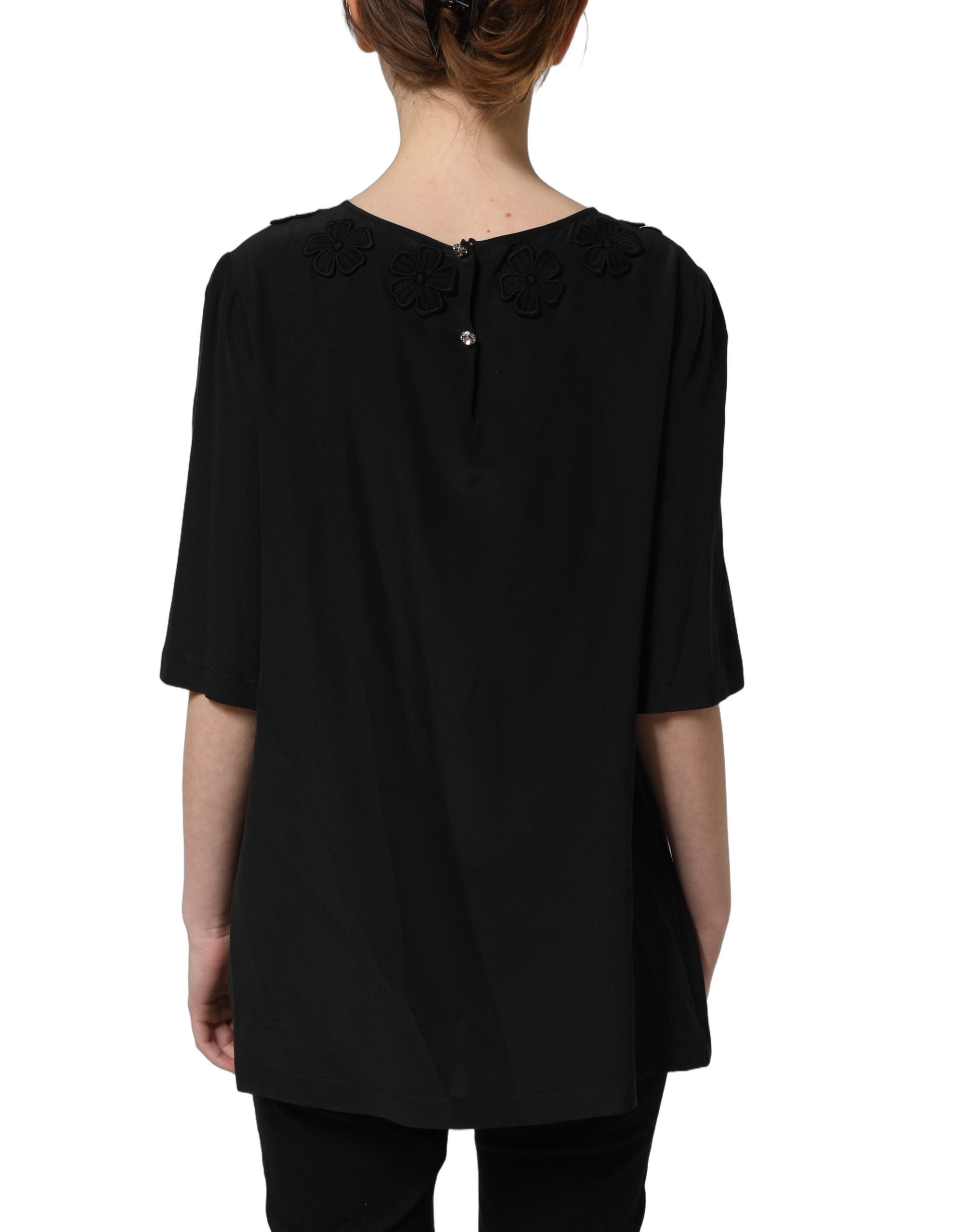 Dolce & Gabbana Black Floral Silk Heart Appliqué Blouse Top