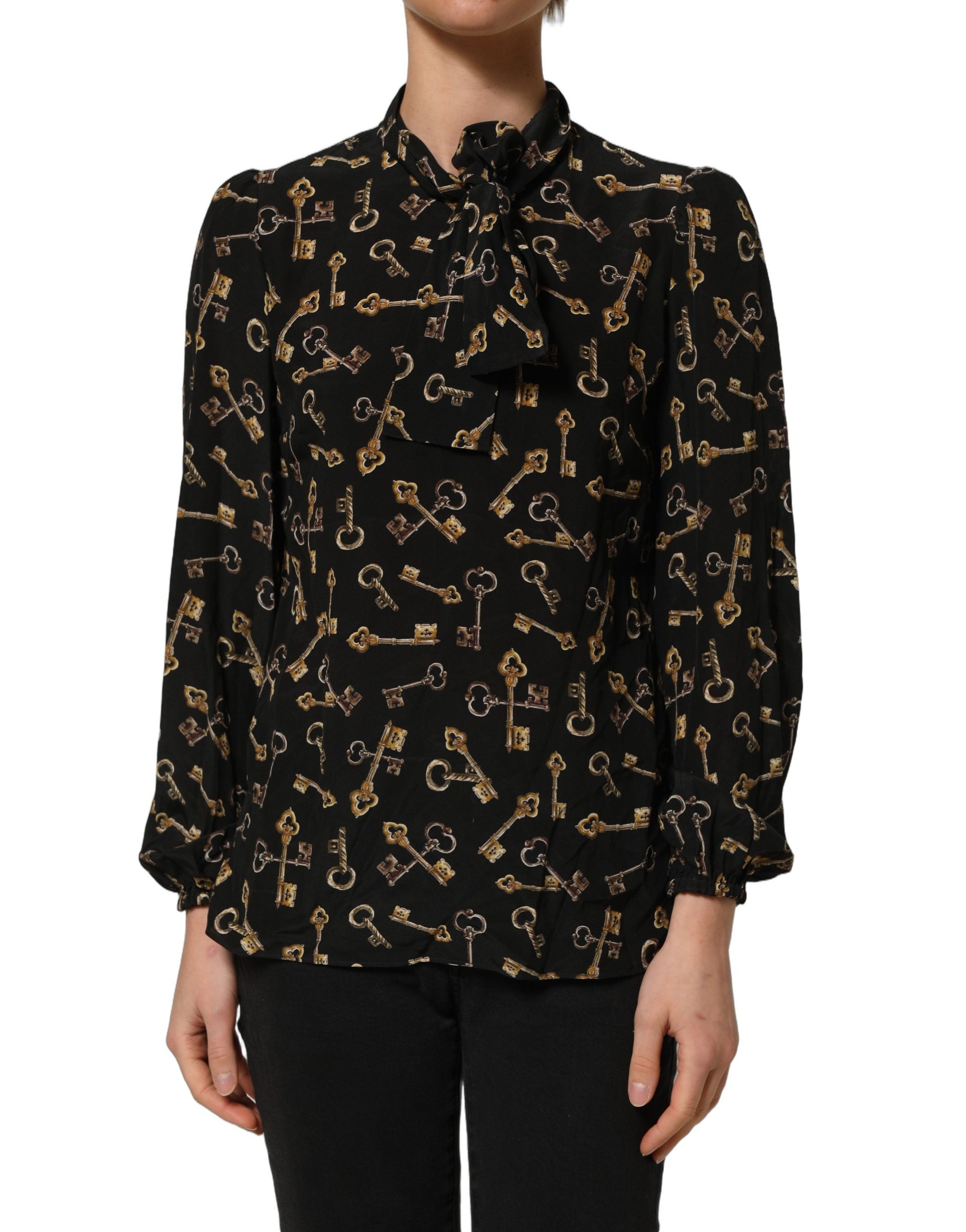 Dolce & Gabbana Black Keys Print Silk Tie Neck Blouse Top