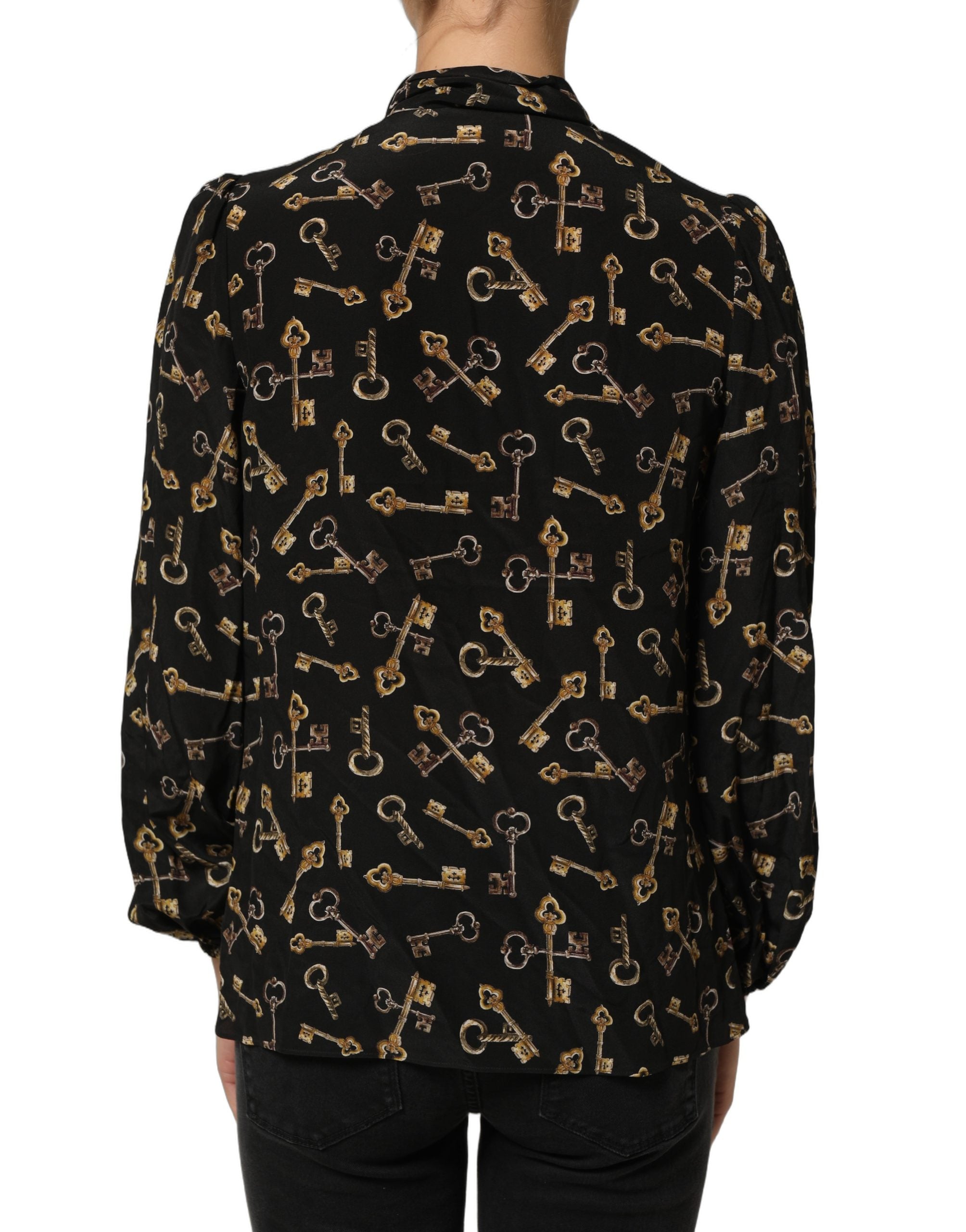 Dolce & Gabbana Black Keys Print Silk Tie Neck Blouse Top