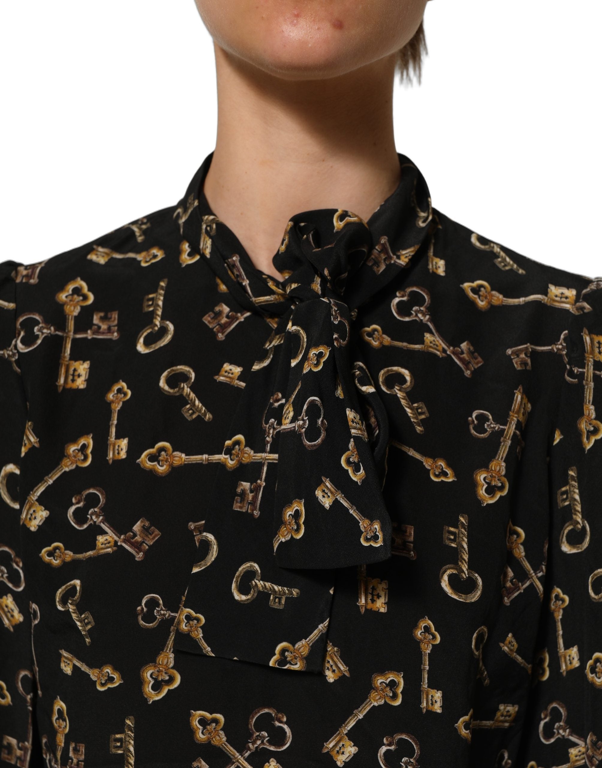 Dolce & Gabbana Black Keys Print Silk Tie Neck Blouse Top