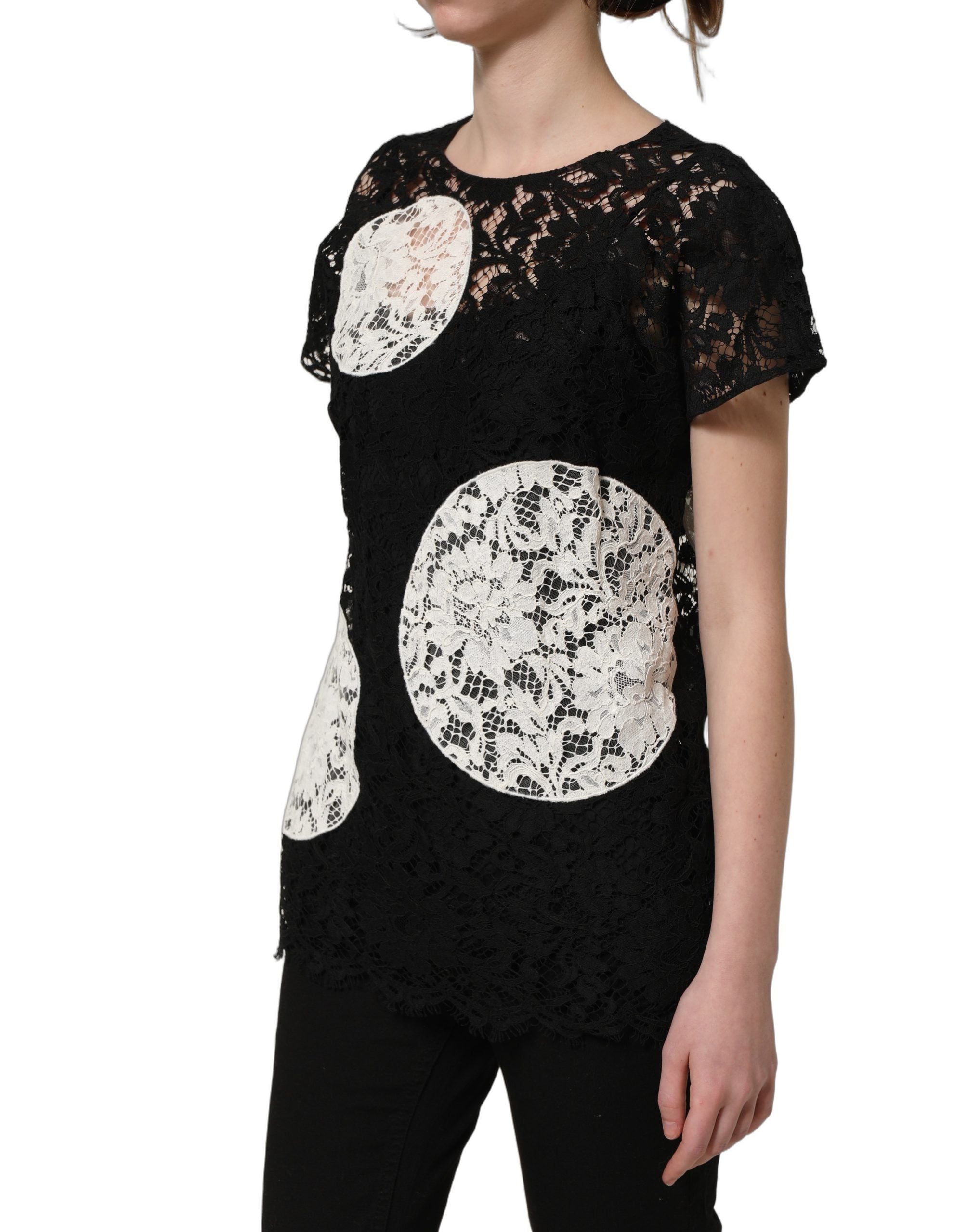 Dolce & Gabbana Black White Floral Lace Short Sleeve Blouse Top