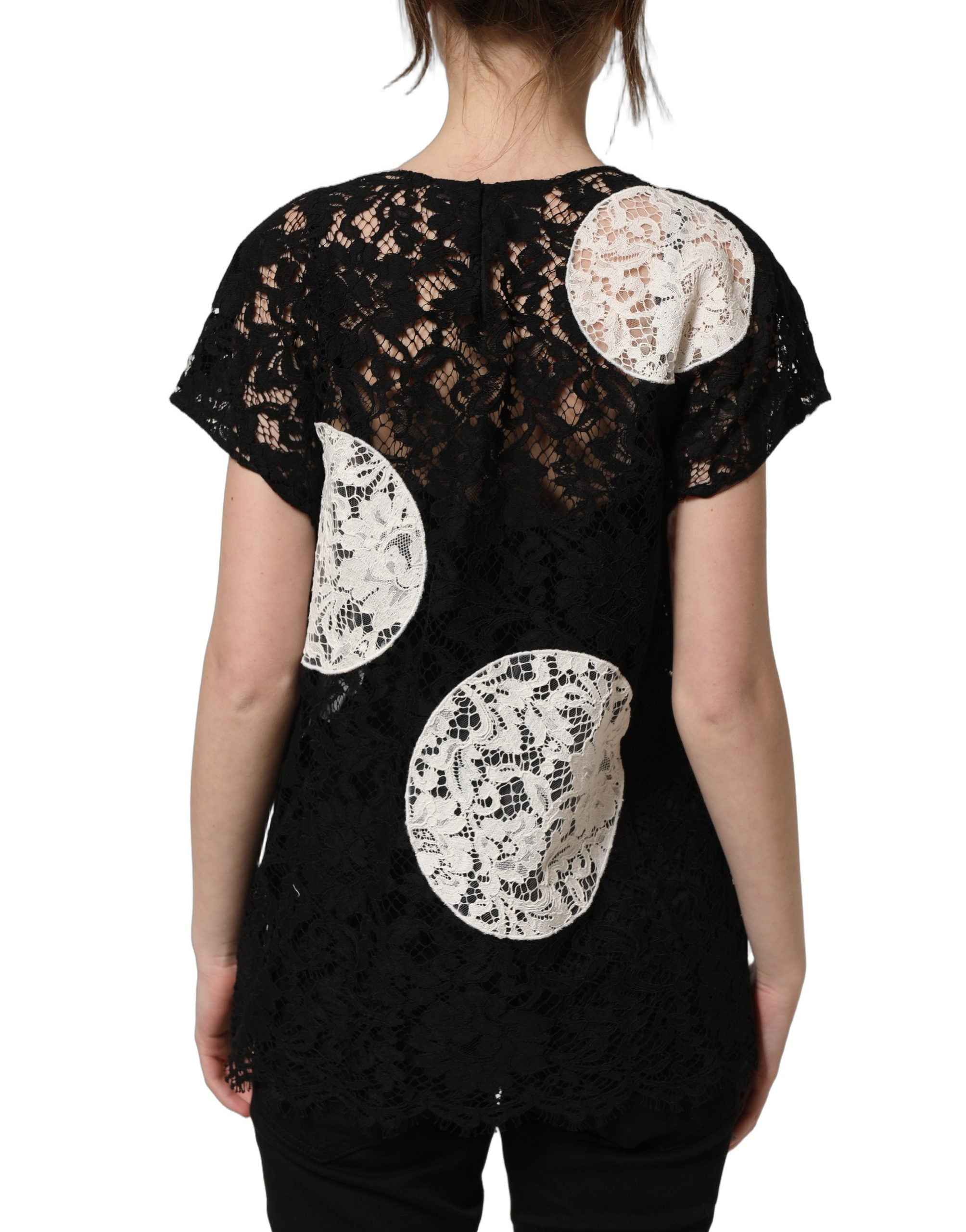 Dolce & Gabbana Black White Floral Lace Short Sleeve Blouse Top