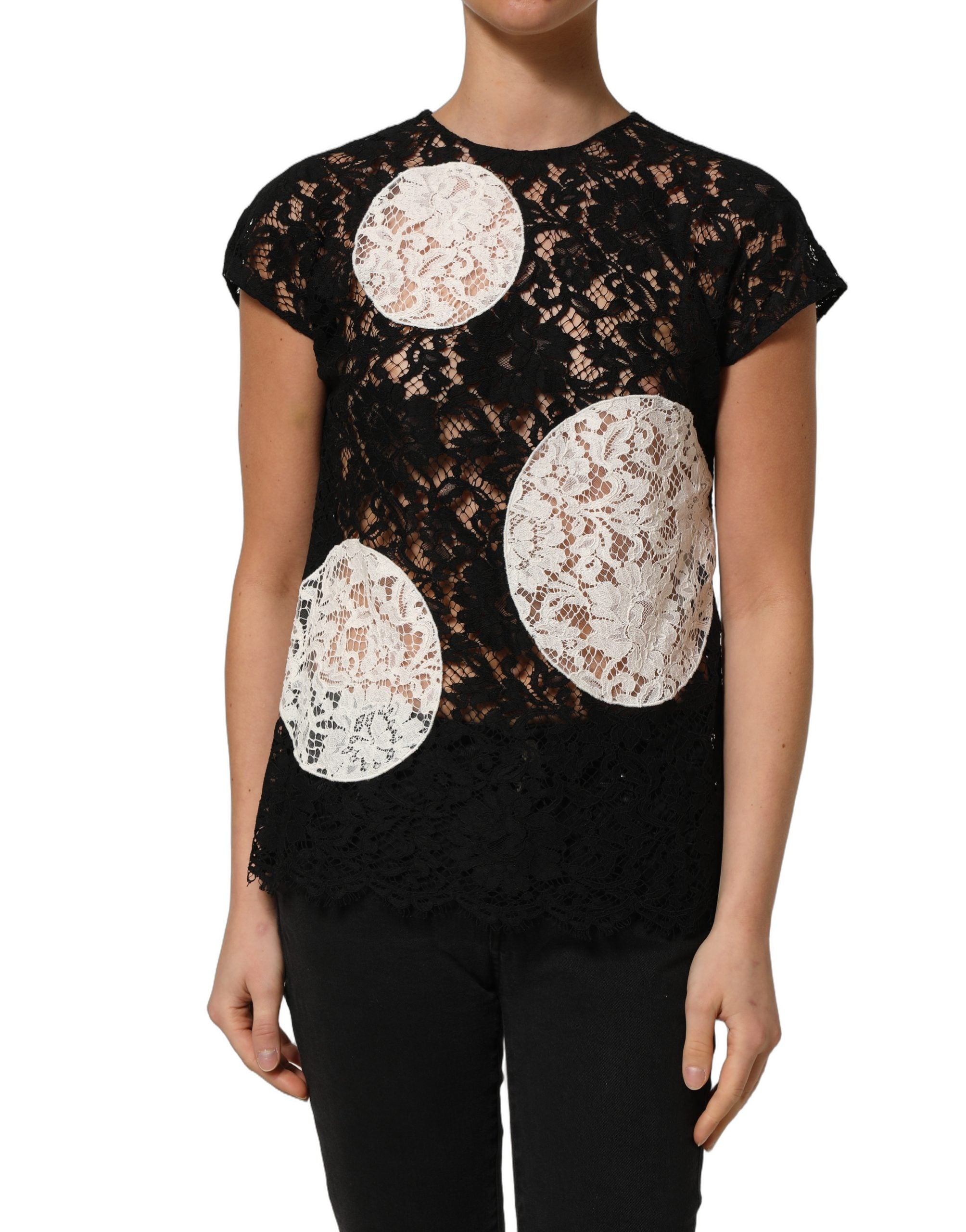 Dolce & Gabbana Black White Floral Lace Short Sleeve Blouse Top