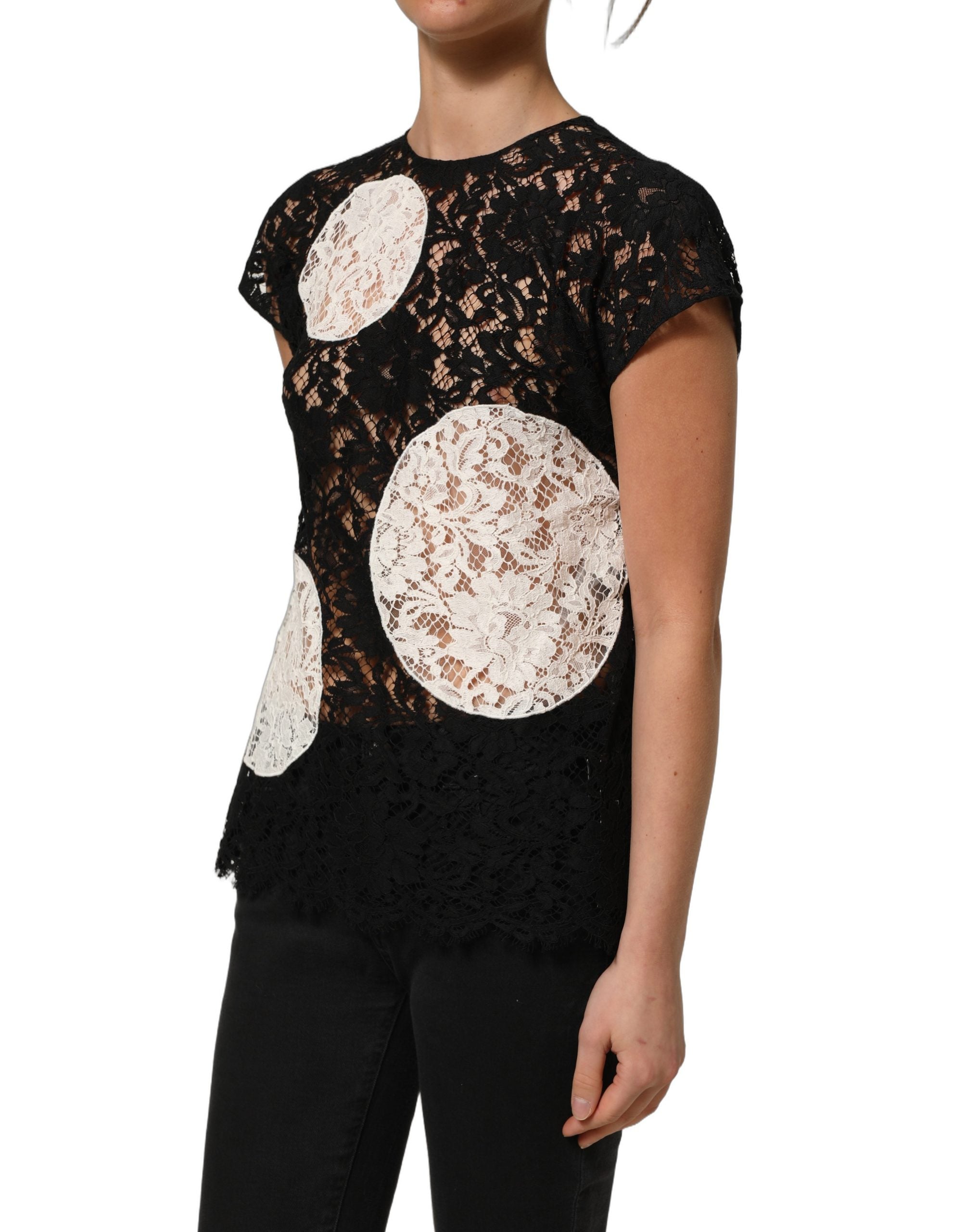 Dolce & Gabbana Black White Floral Lace Short Sleeve Blouse Top
