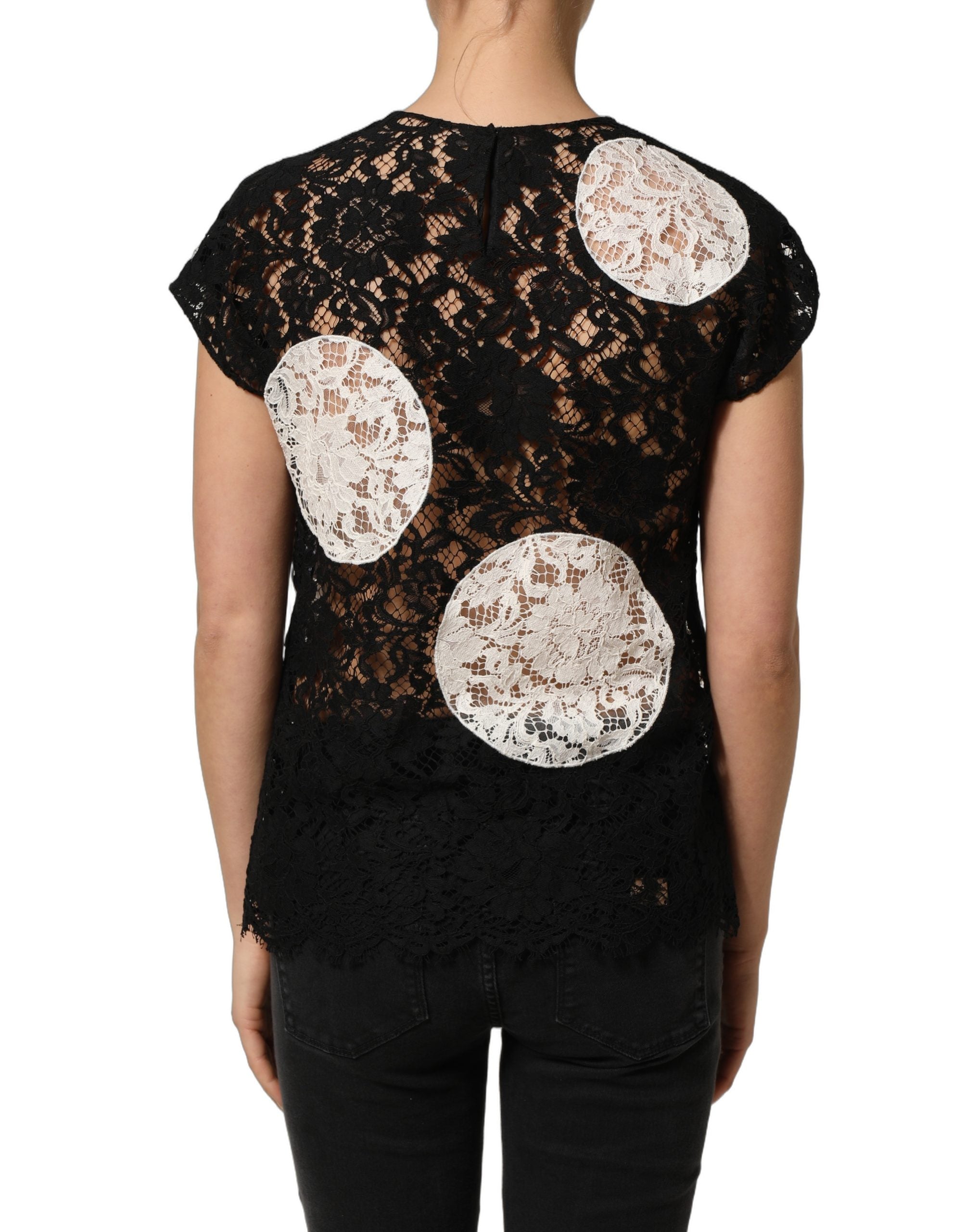 Dolce & Gabbana Black White Floral Lace Short Sleeve Blouse Top