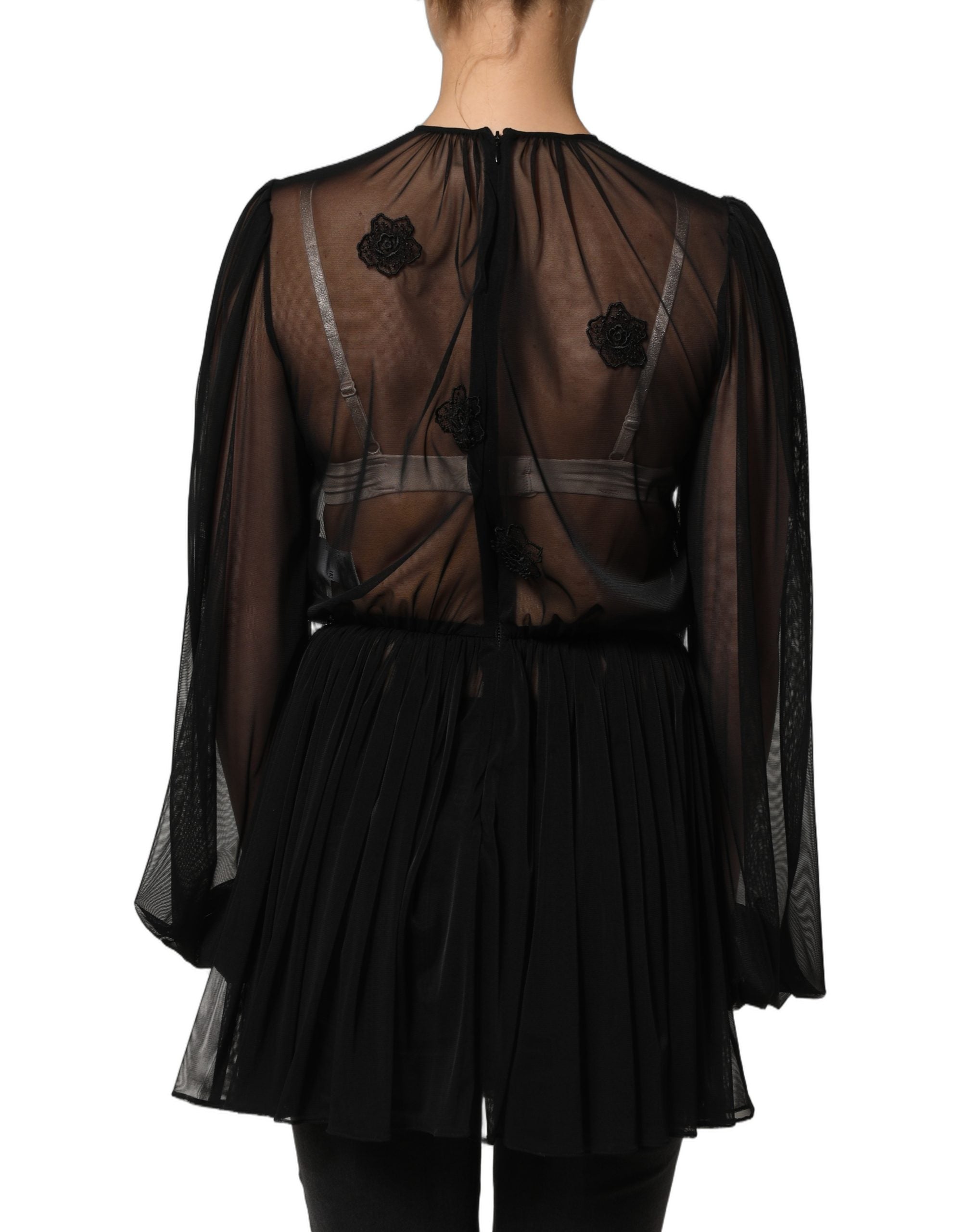 Dolce & Gabbana Black Polyester Mesh Sheer Crewneck Blouse Top
