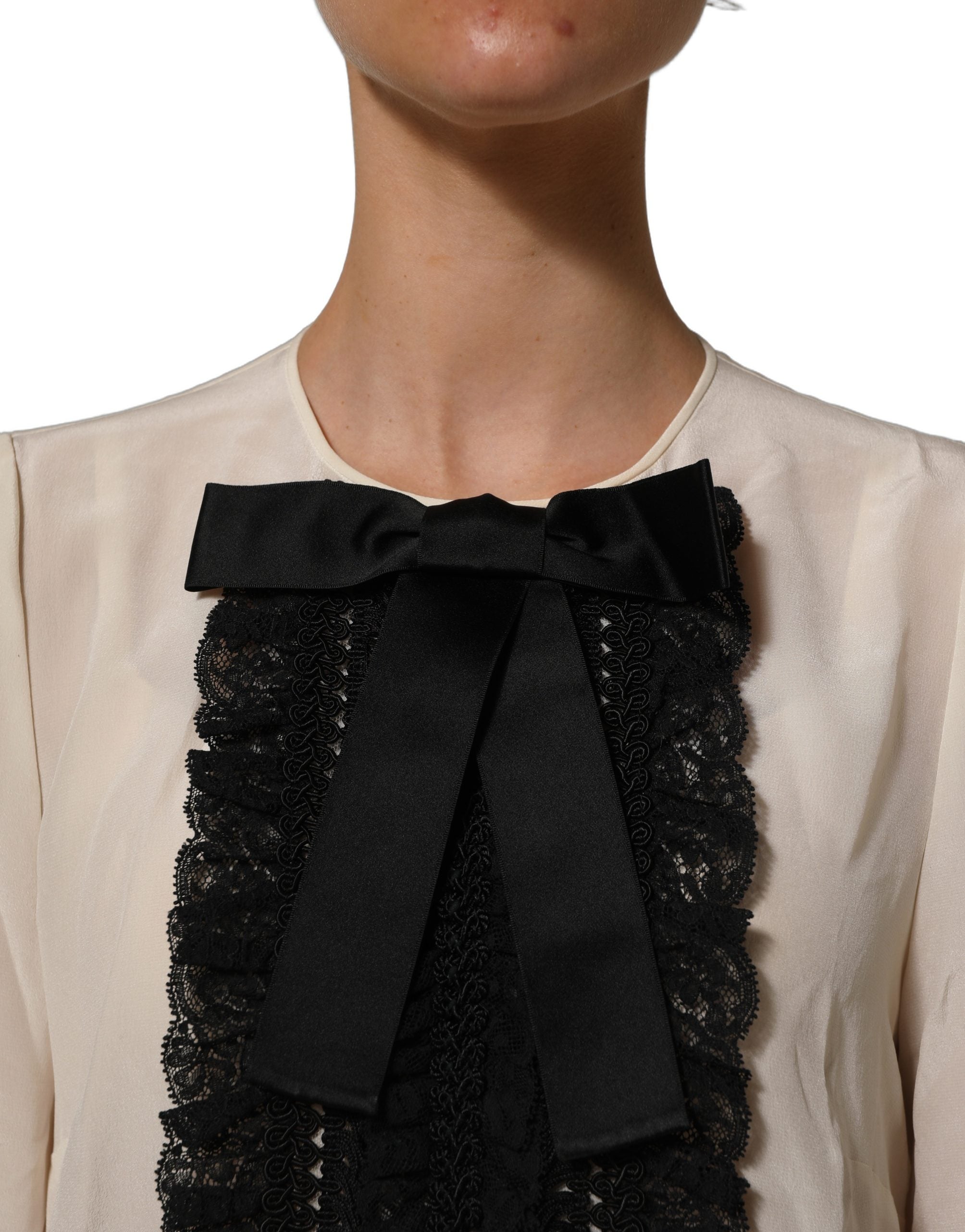 Dolce & Gabbana Beige Lace Trim Bow Short Sleeves Blouse Top