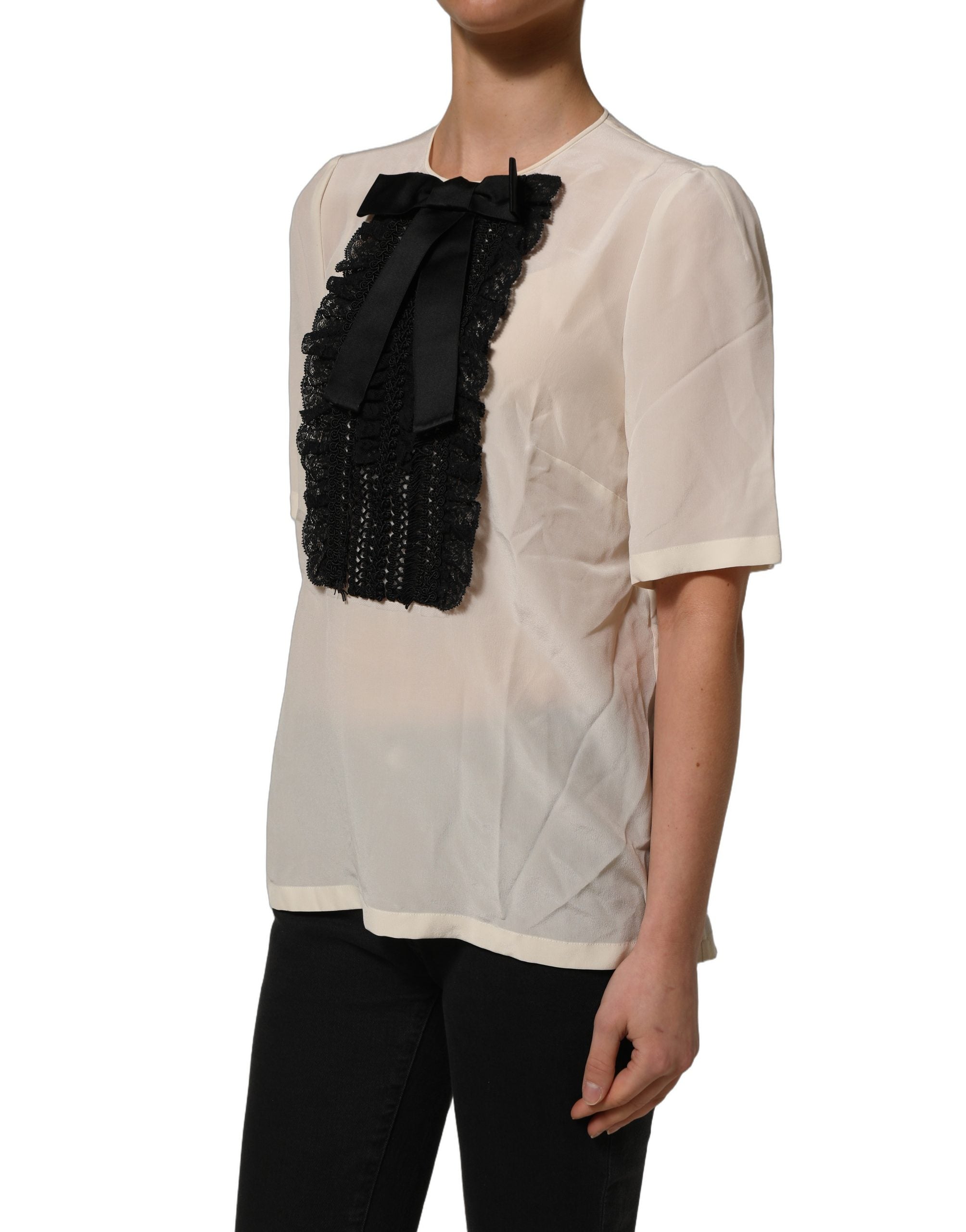 Dolce & Gabbana Beige Lace Trim Bow Short Sleeves Blouse Top