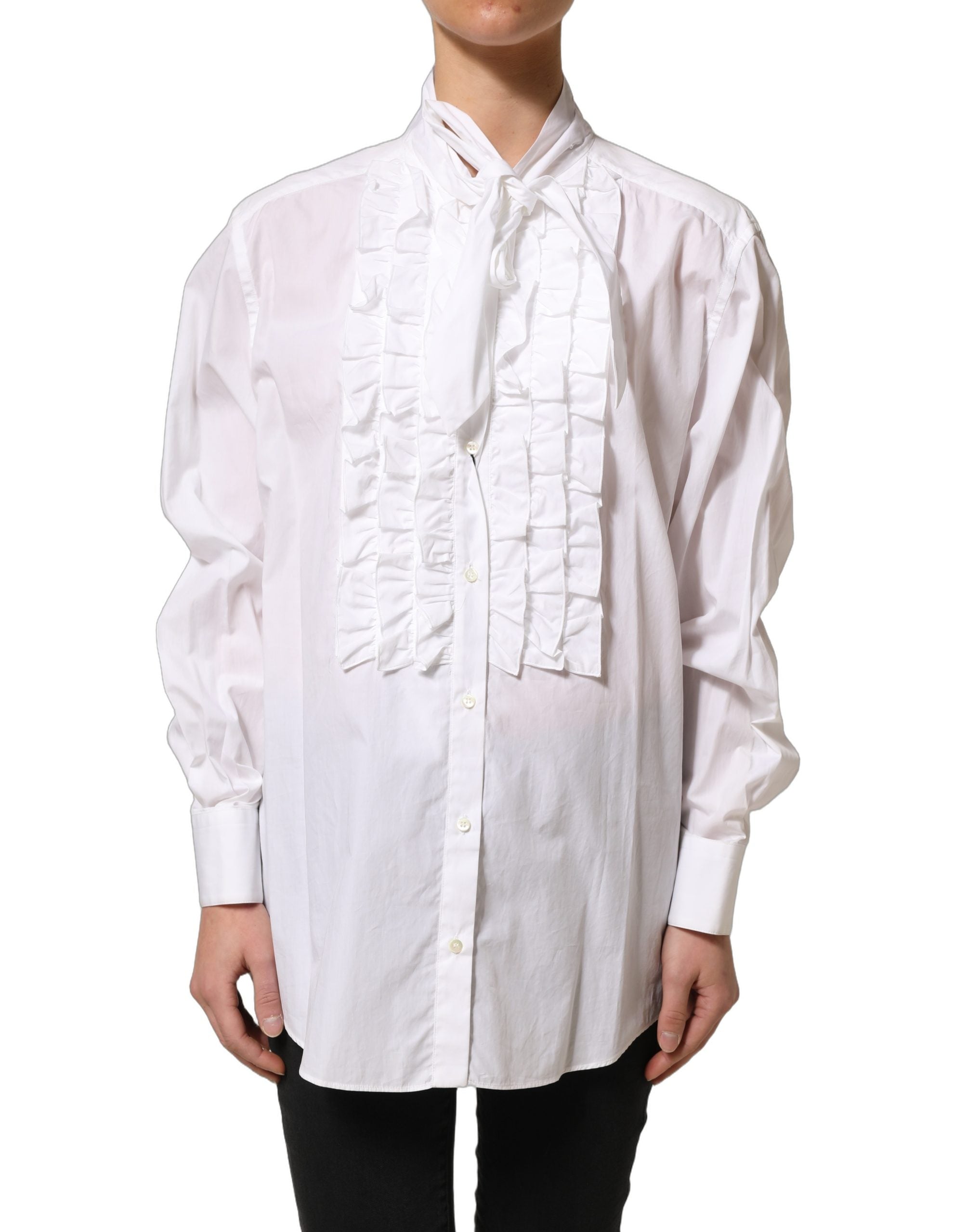 Dolce & Gabbana White Ruffled Bib Long Sleeves Blouse Top