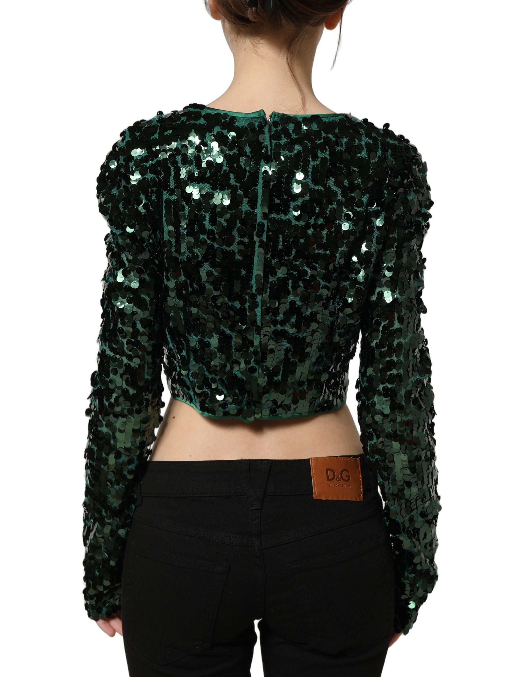 Dolce & Gabbana Green Sequined Long Sleeves Crop Blouse Top