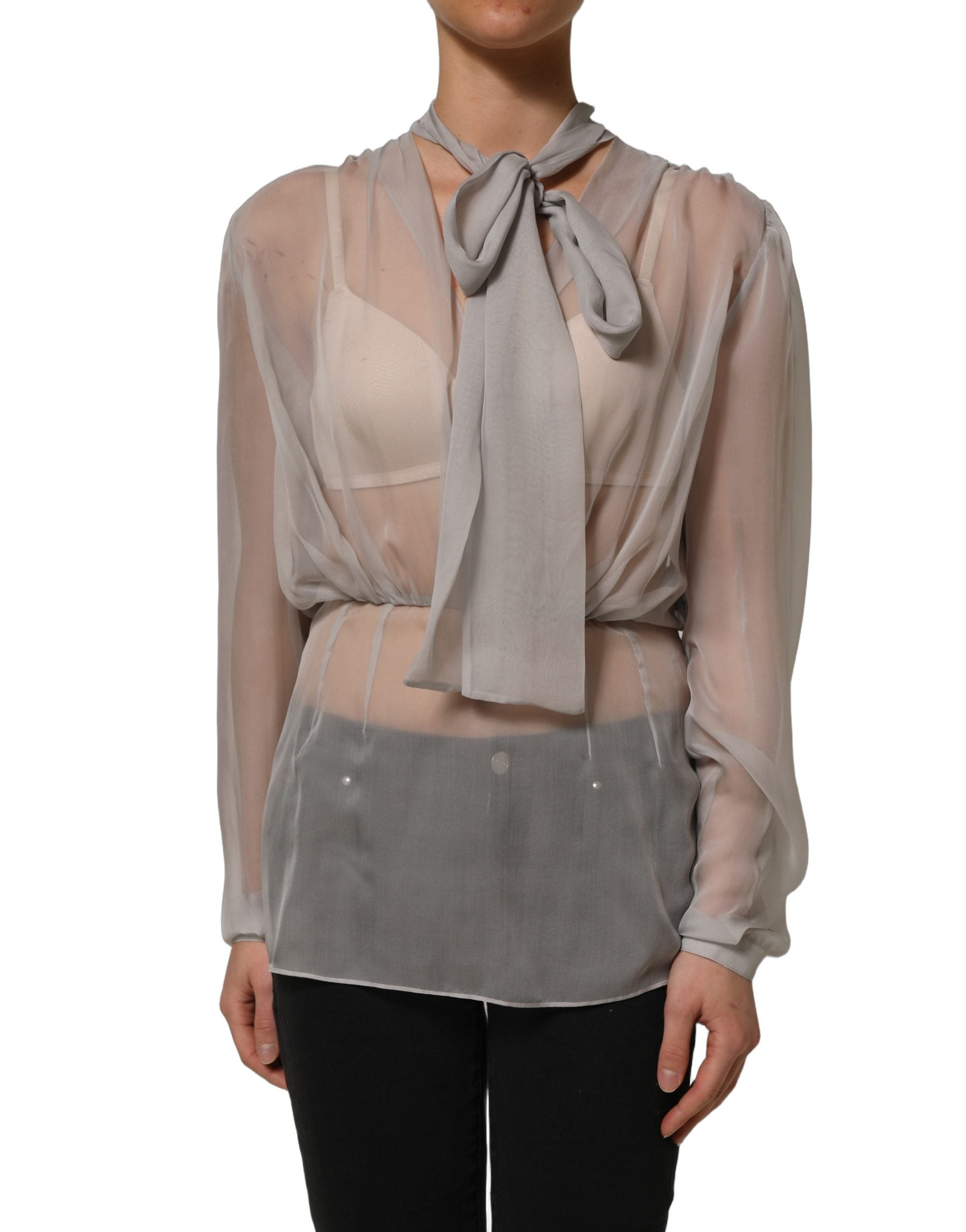 Dolce & Gabbana Gray Sheer Silk Chiffon Shirt Bow Collar Top