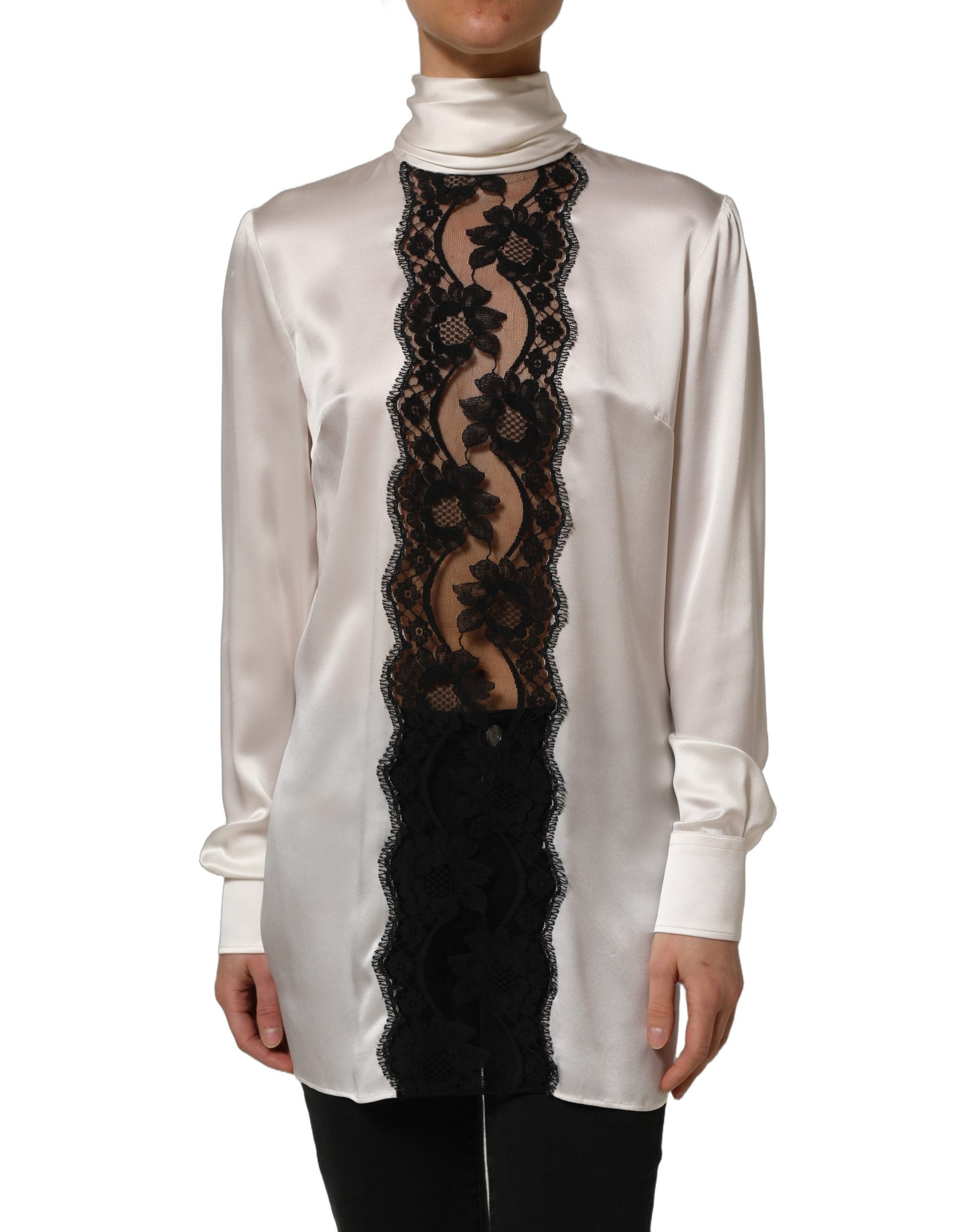 Dolce & Gabbana White satin Lace Trim LOng Sleeves Blouse Top
