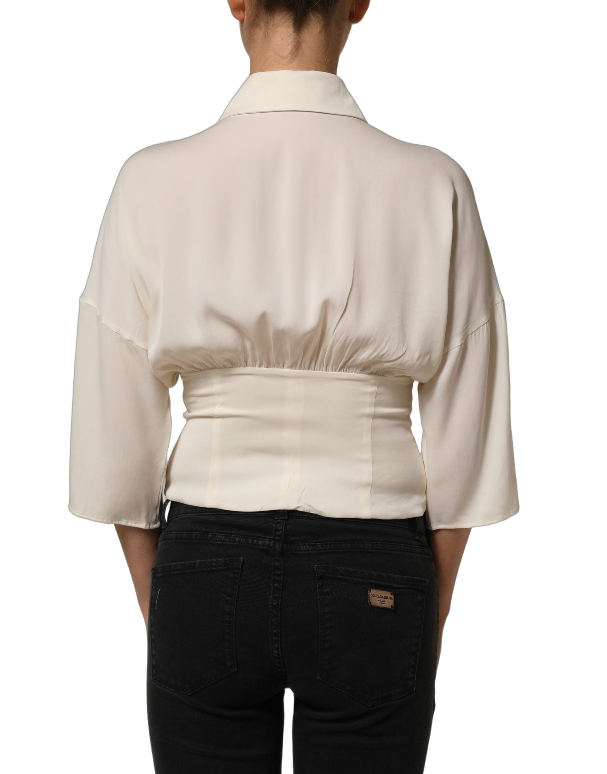 Dolce & Gabbana Off White Ascot Collar Long Sleeves Blouse Top