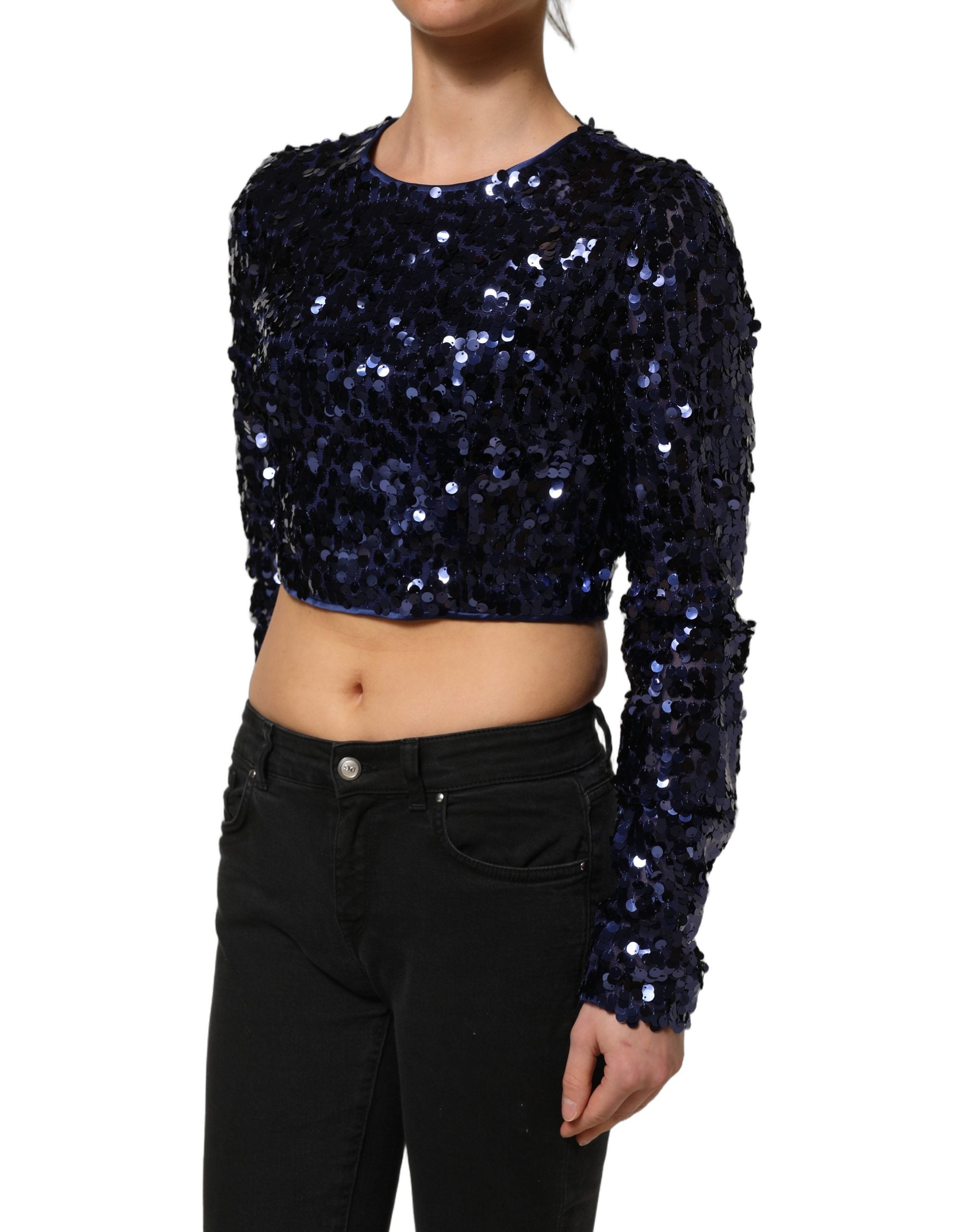 Dolce & Gabbana Blue Sequined Long Sleeves Crop Blouse Top