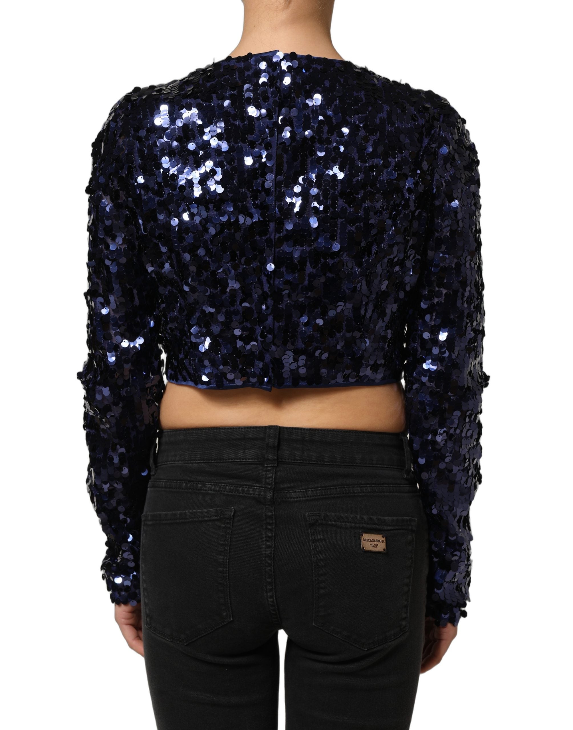 Dolce & Gabbana Blue Sequined Long Sleeves Crop Blouse Top