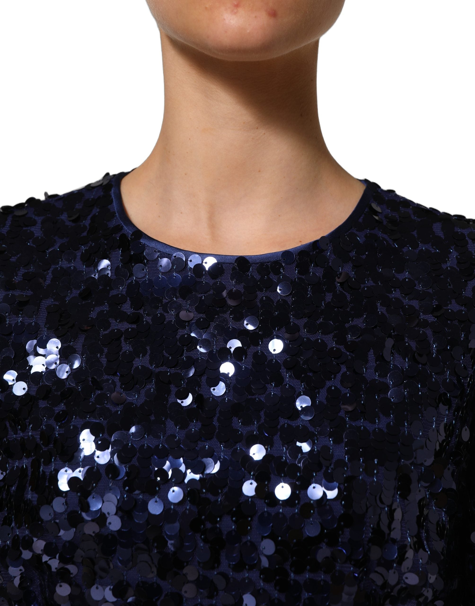 Dolce & Gabbana Blue Sequined Long Sleeves Crop Blouse Top
