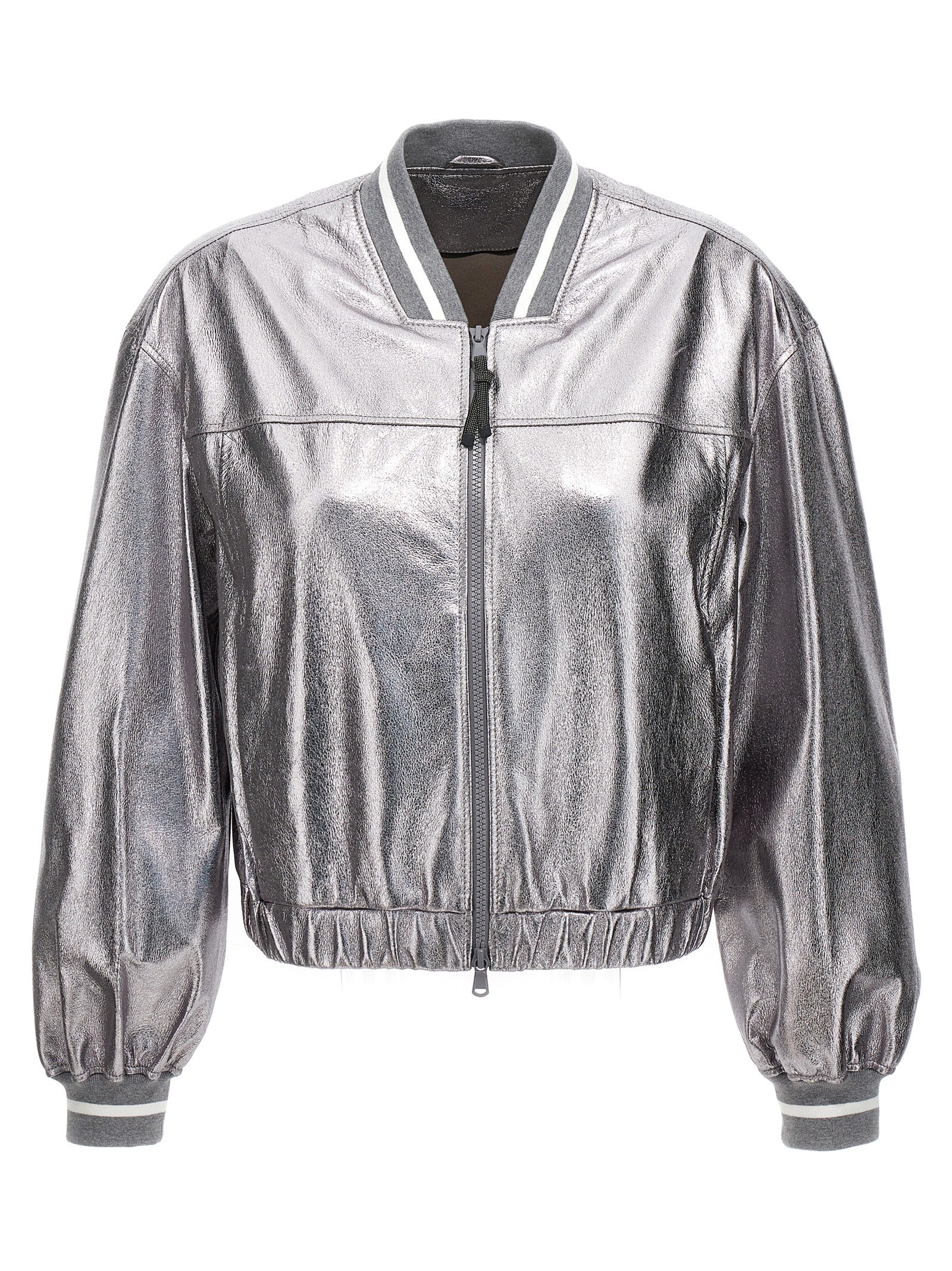 Brunello Cucinelli Silver Leather Bomber