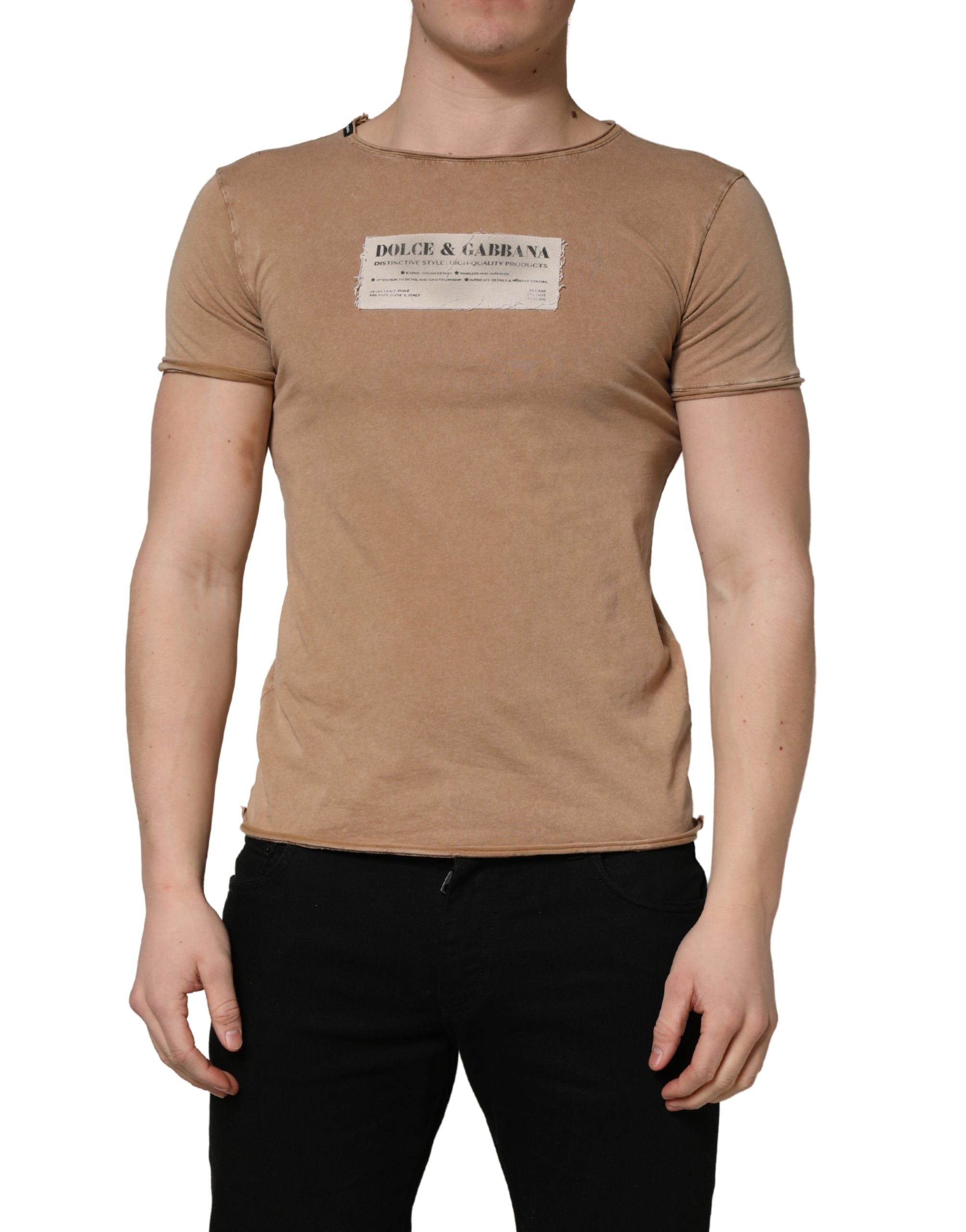 Dolce & Gabbana Brown Cotton Logo Patch Round Neck T-shirt