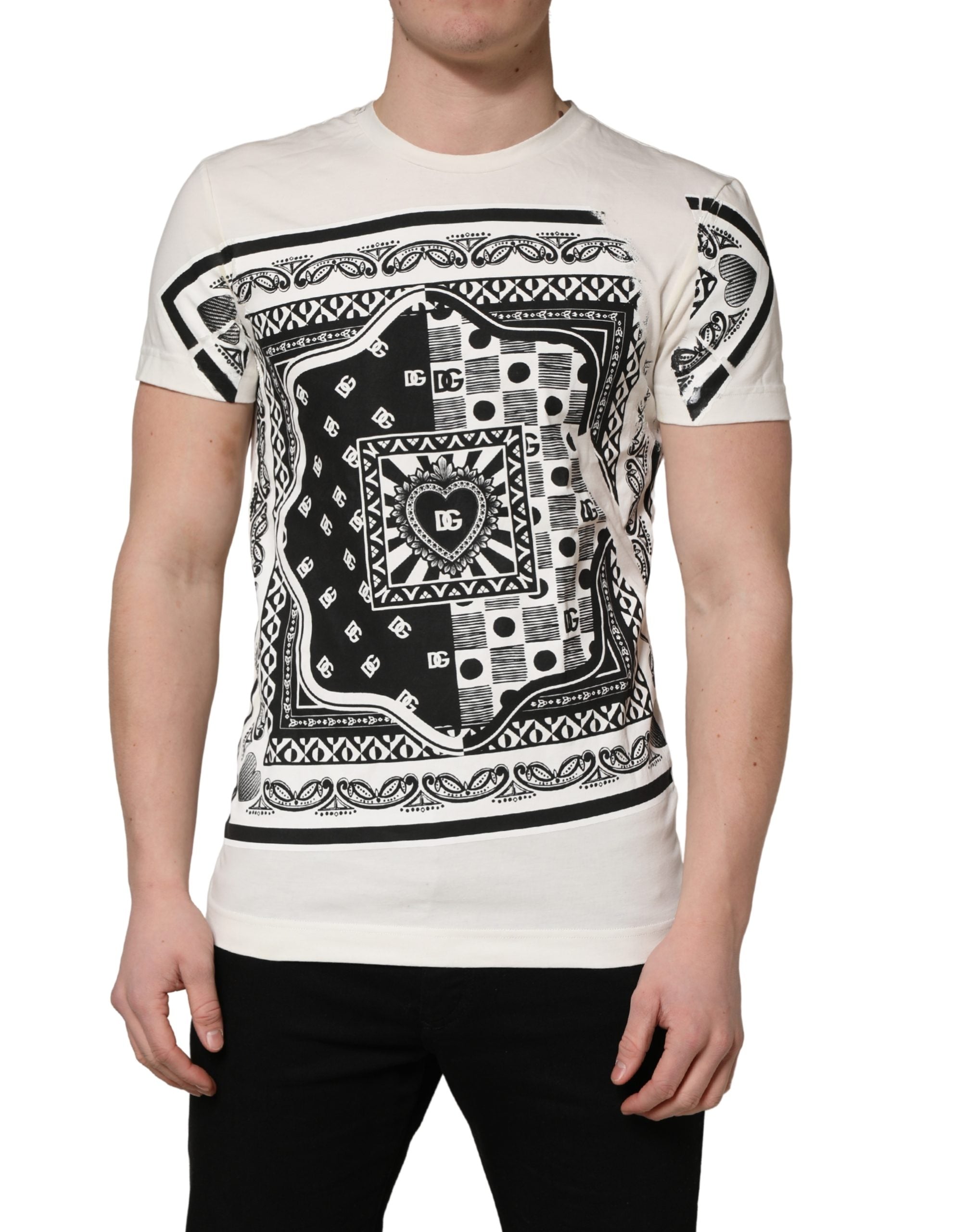 Dolce & Gabbana White Cotton Logo Bandana Print Men T-shirt