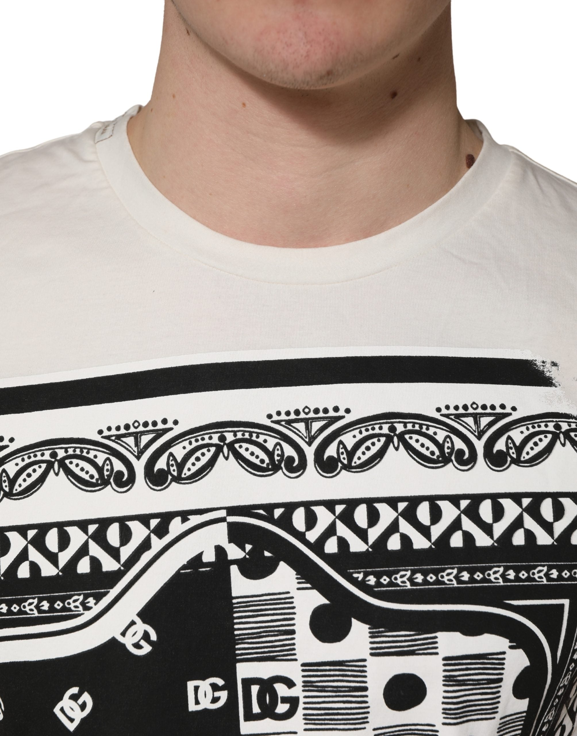 Dolce & Gabbana White Cotton Logo Bandana Print Men T-shirt