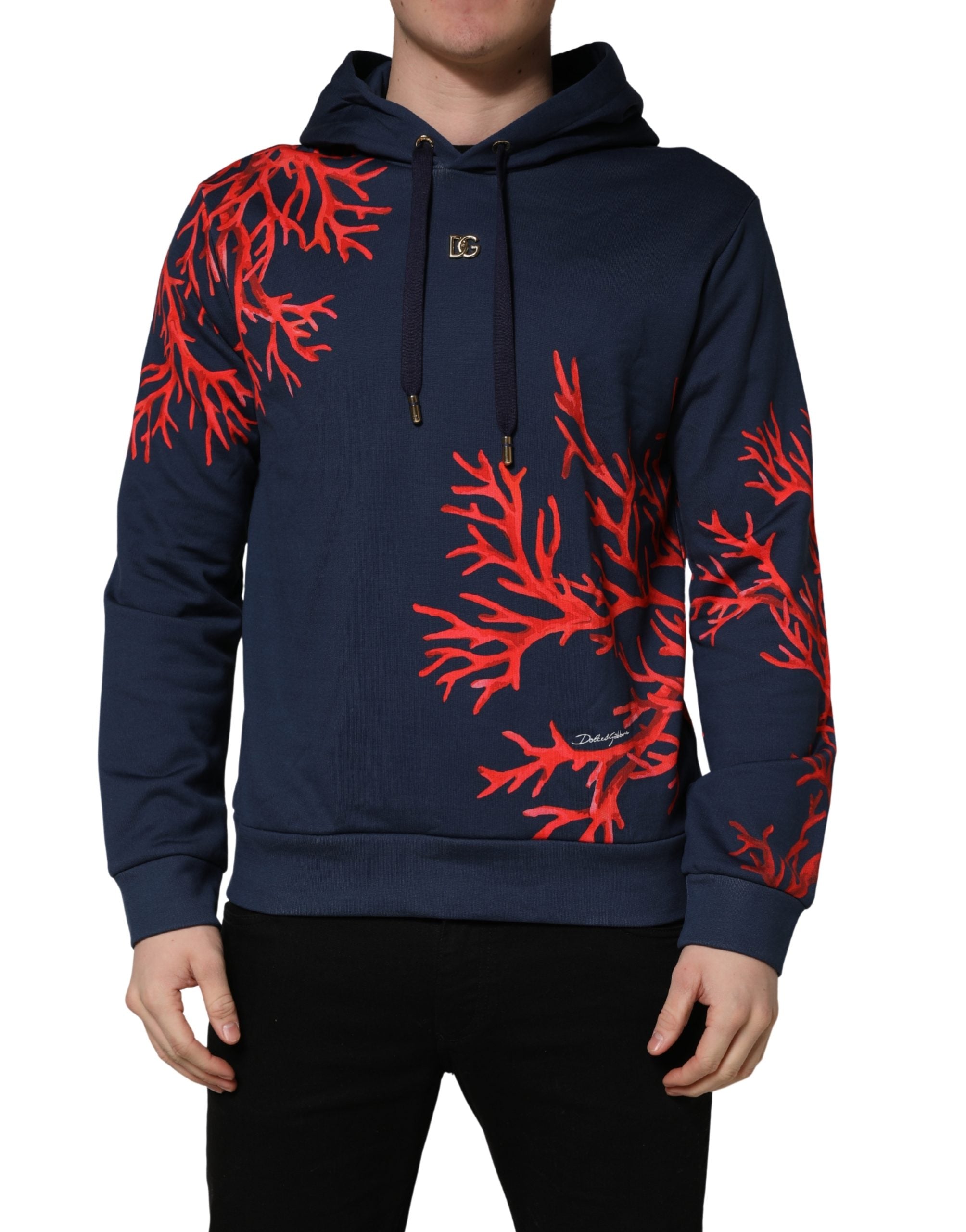 Dolce & Gabbana Blue Cotton Coral Logo Hooded Sweatshirt Sweater