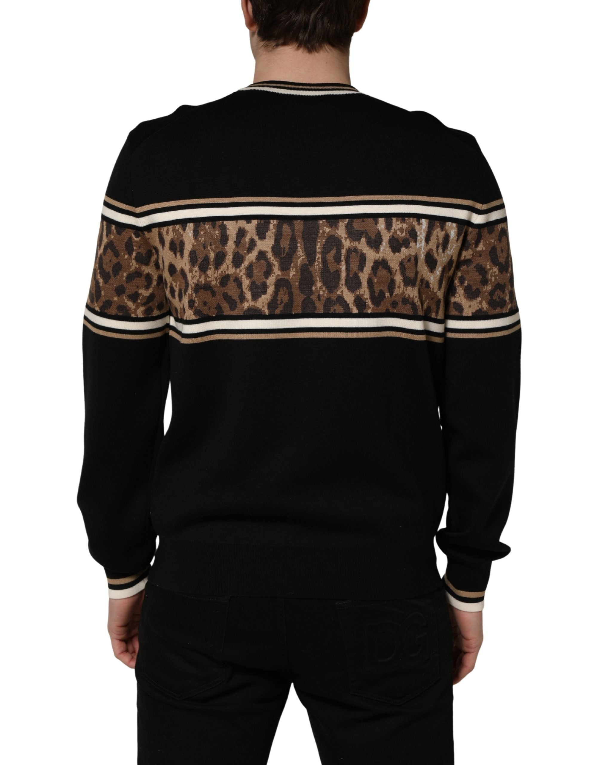 Dolce & Gabbana Black Leopard Wool Crew Neck Men Pullover Sweater