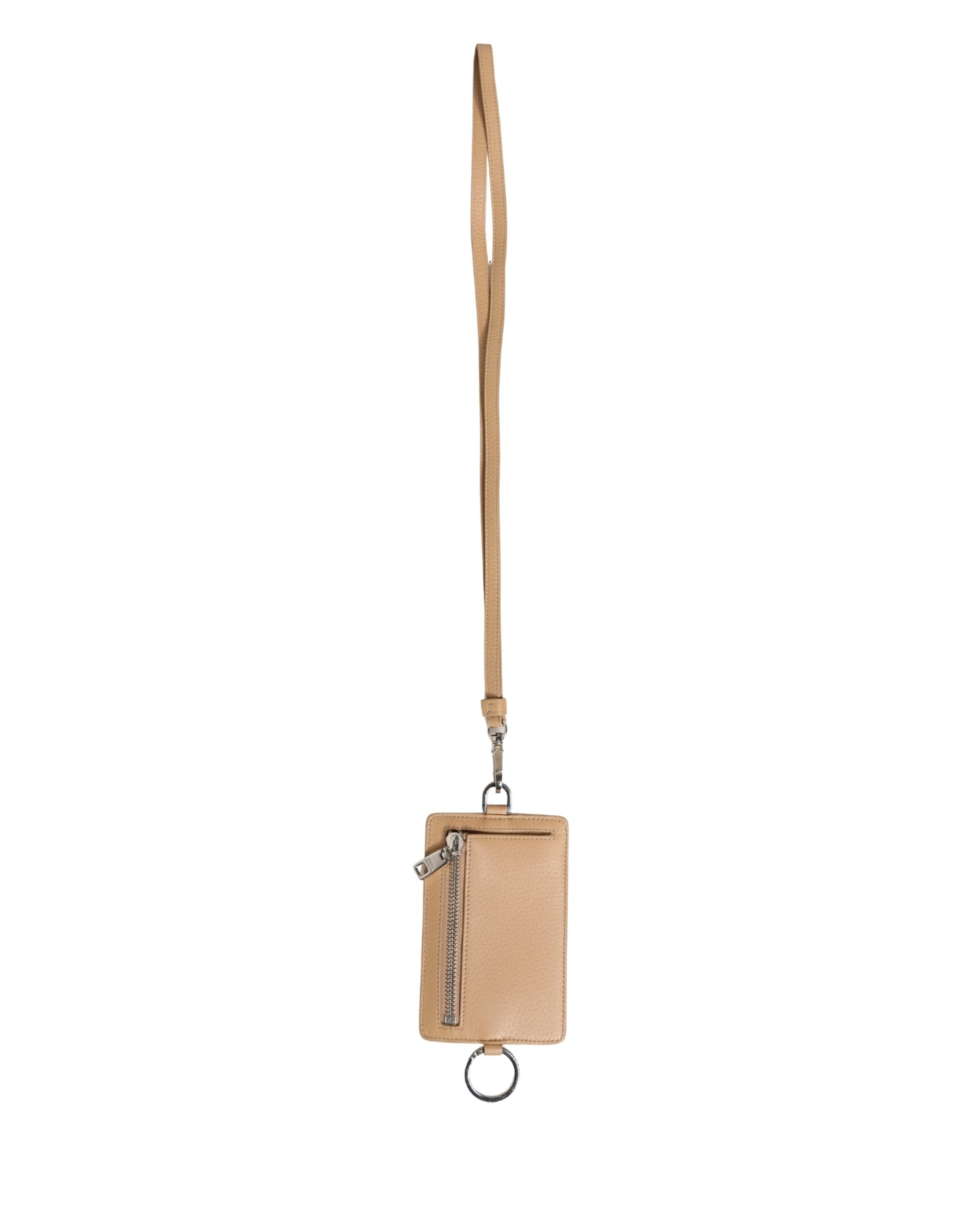 Dolce & Gabbana Beige Leather Logo Embossed Lanyard Card Holder Wallet