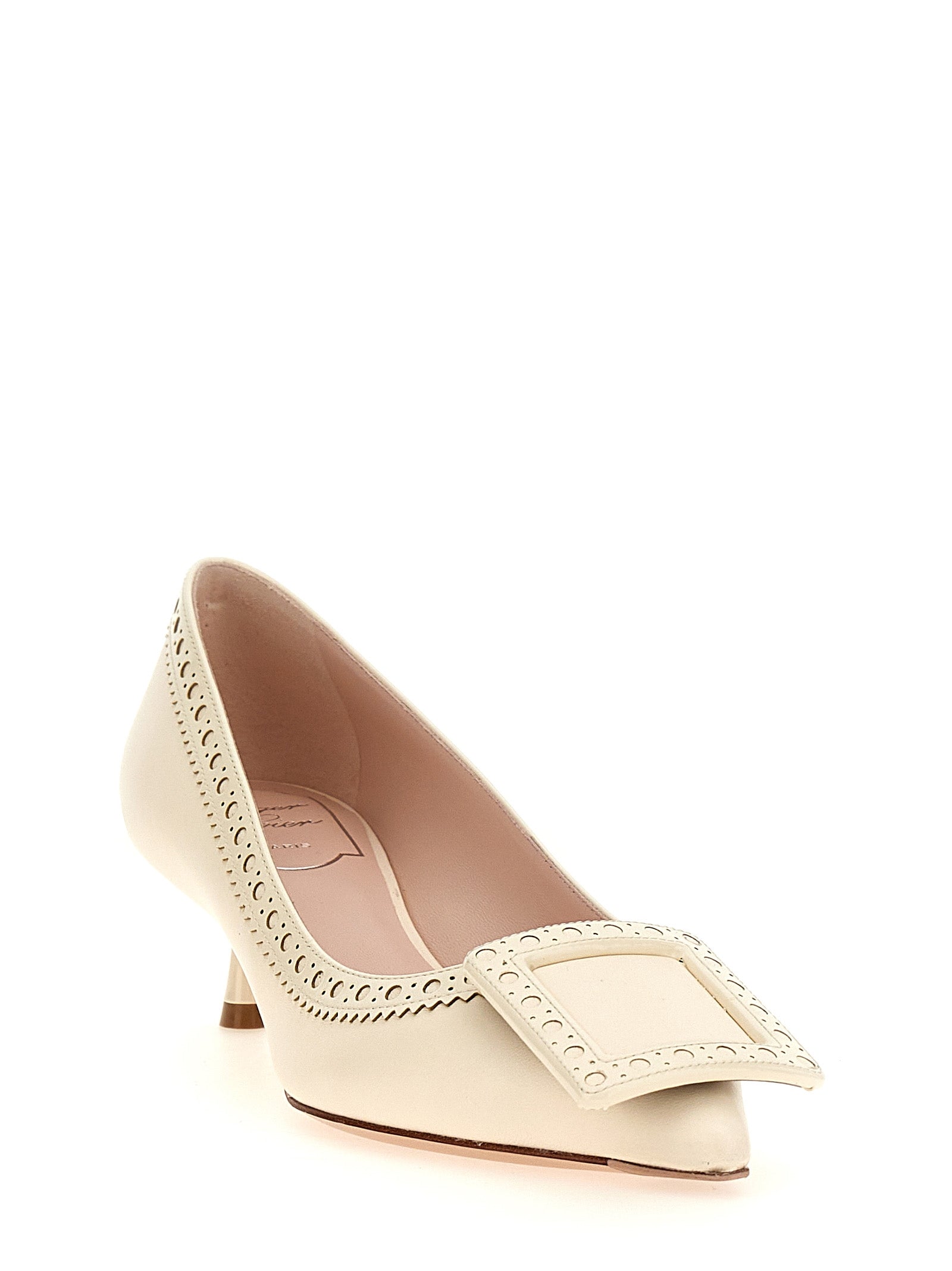 Roger Vivier White Lamb Leather Mid Heel Pumps