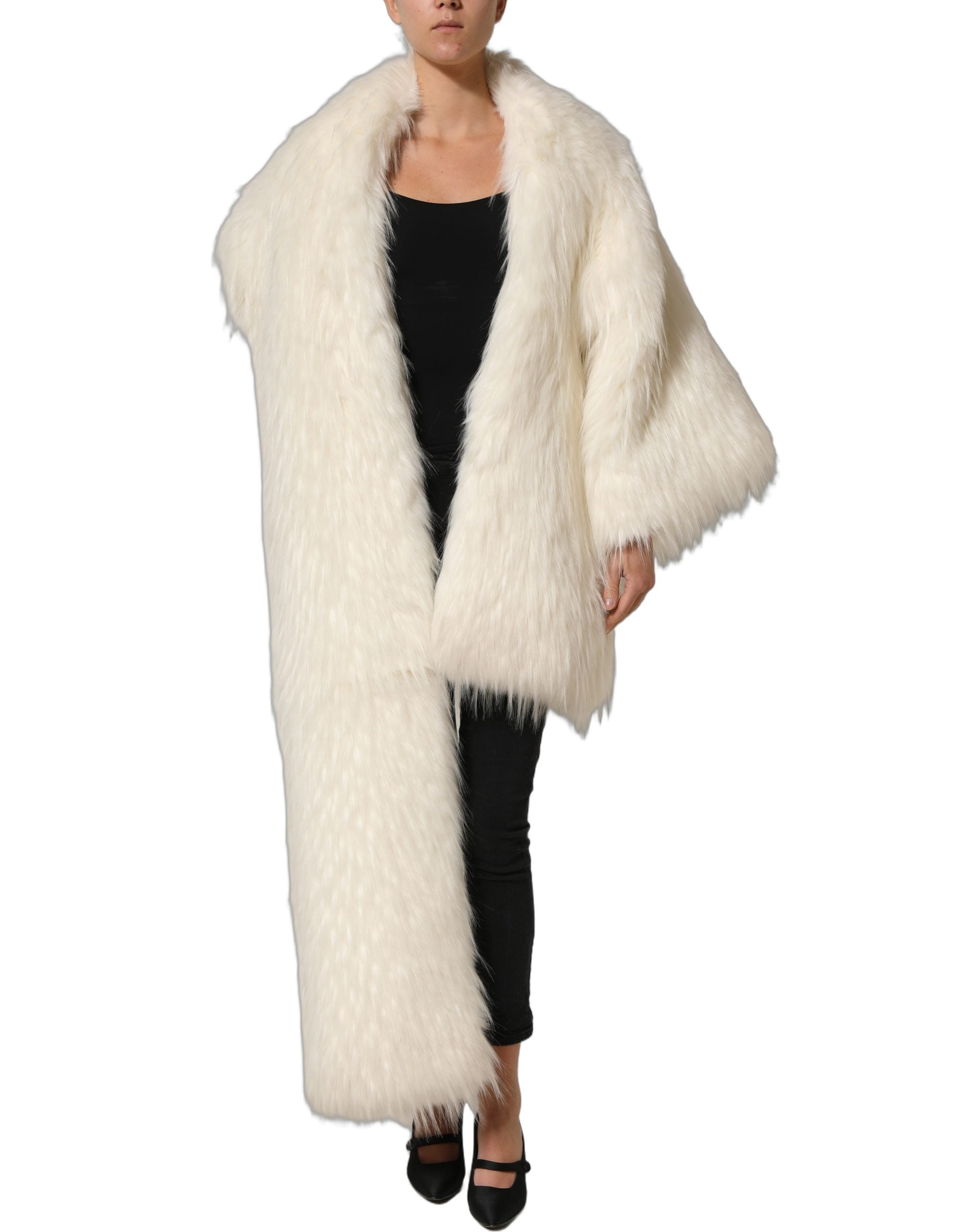 Dolce & Gabbana White Faux Fur Long Sleeves Coat Jacket