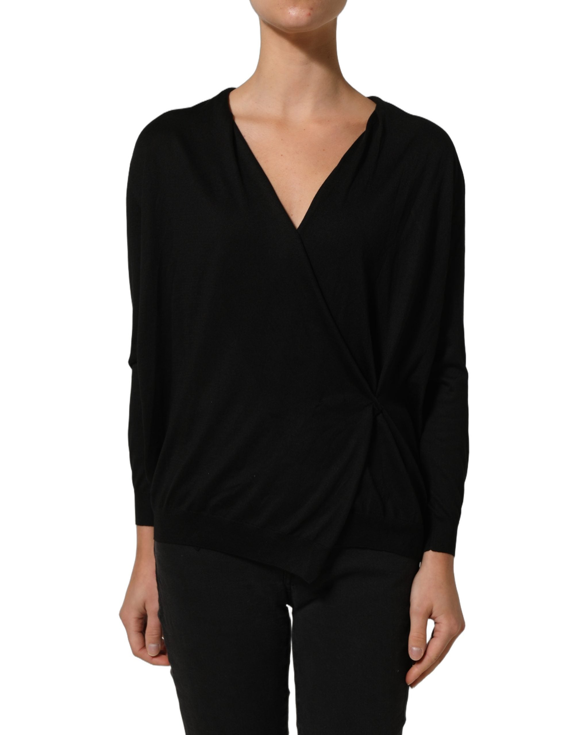 Dolce & Gabbana Black Silk Long Sleeves Draped Blouse Top