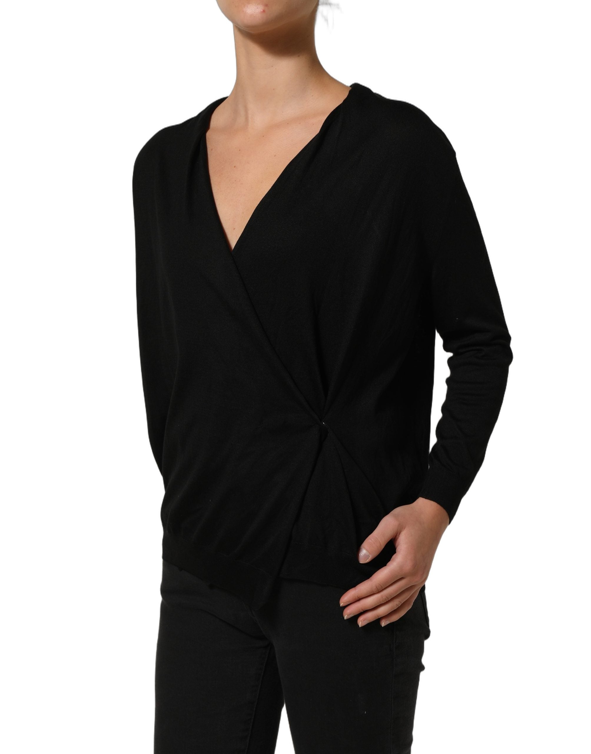 Dolce & Gabbana Black Silk Long Sleeves Draped Blouse Top