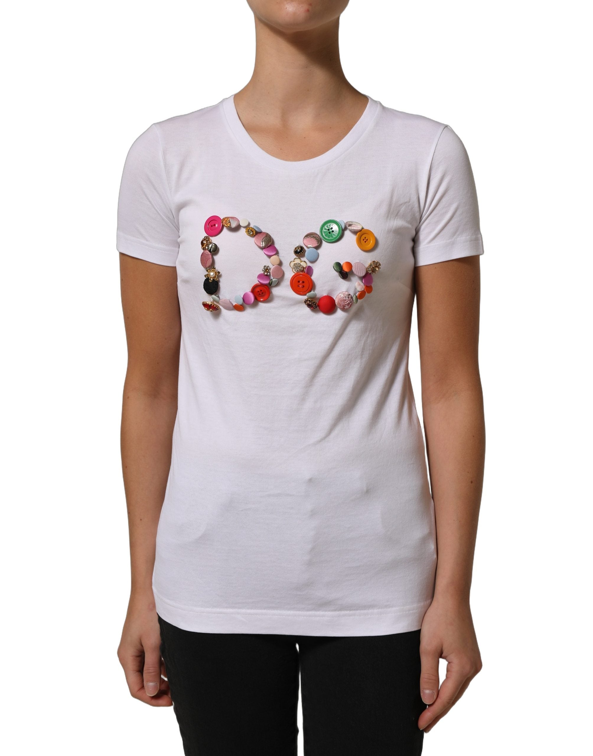 Dolce & Gabbana White DG Logo Embellished Round Neck T-shirt
