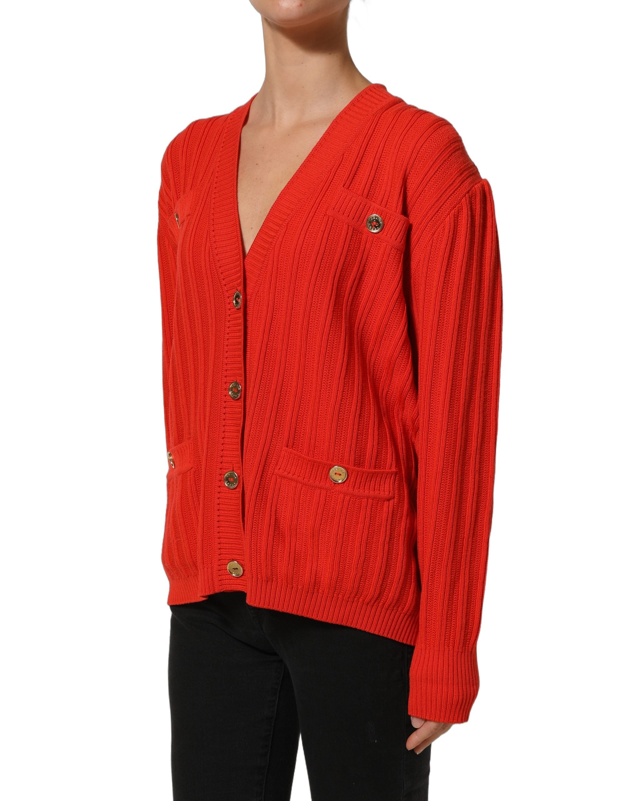 Celine Red Wool Knit ButtonEmbellished Cardigan Sweater