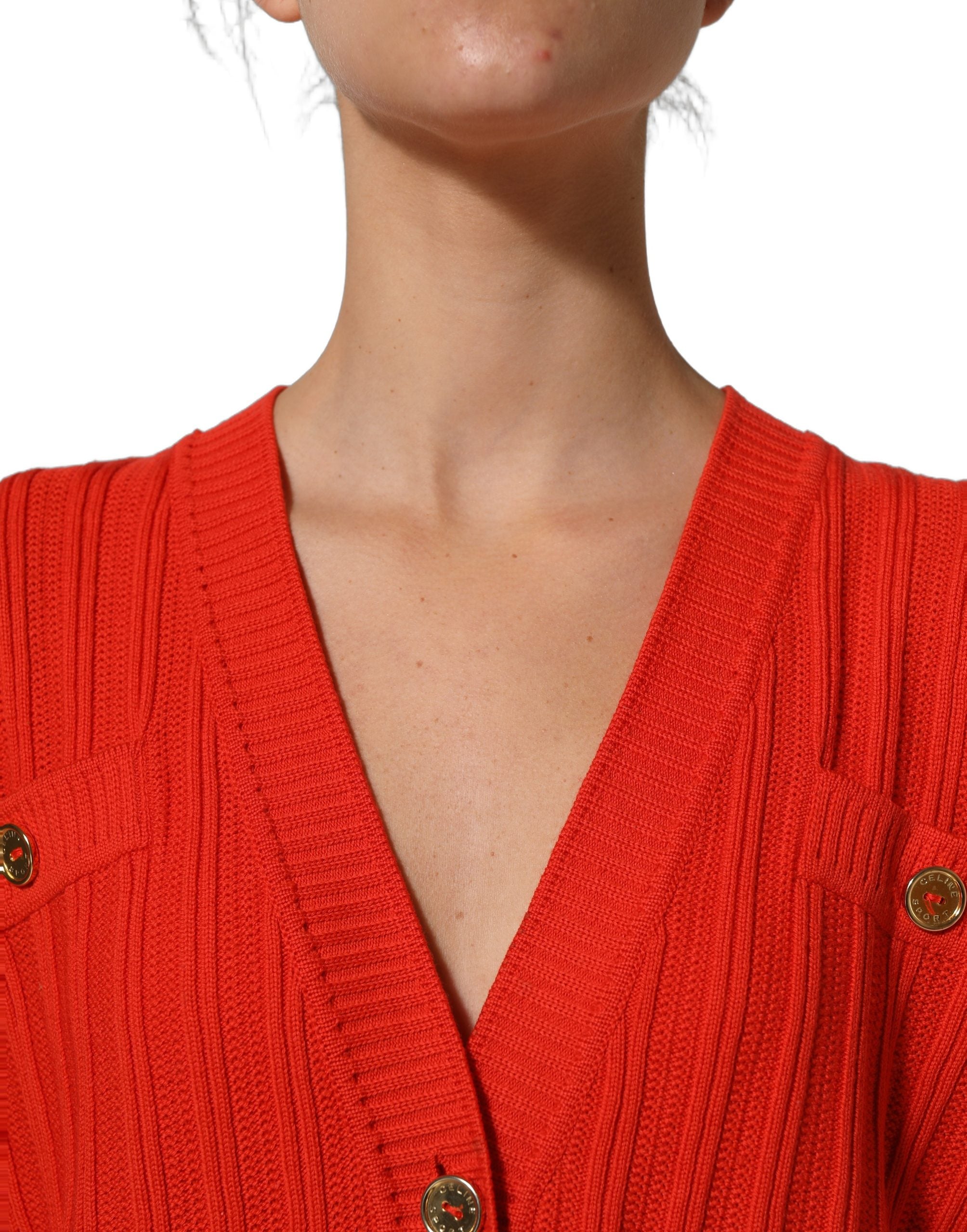 Celine Red Wool Knit ButtonEmbellished Cardigan Sweater