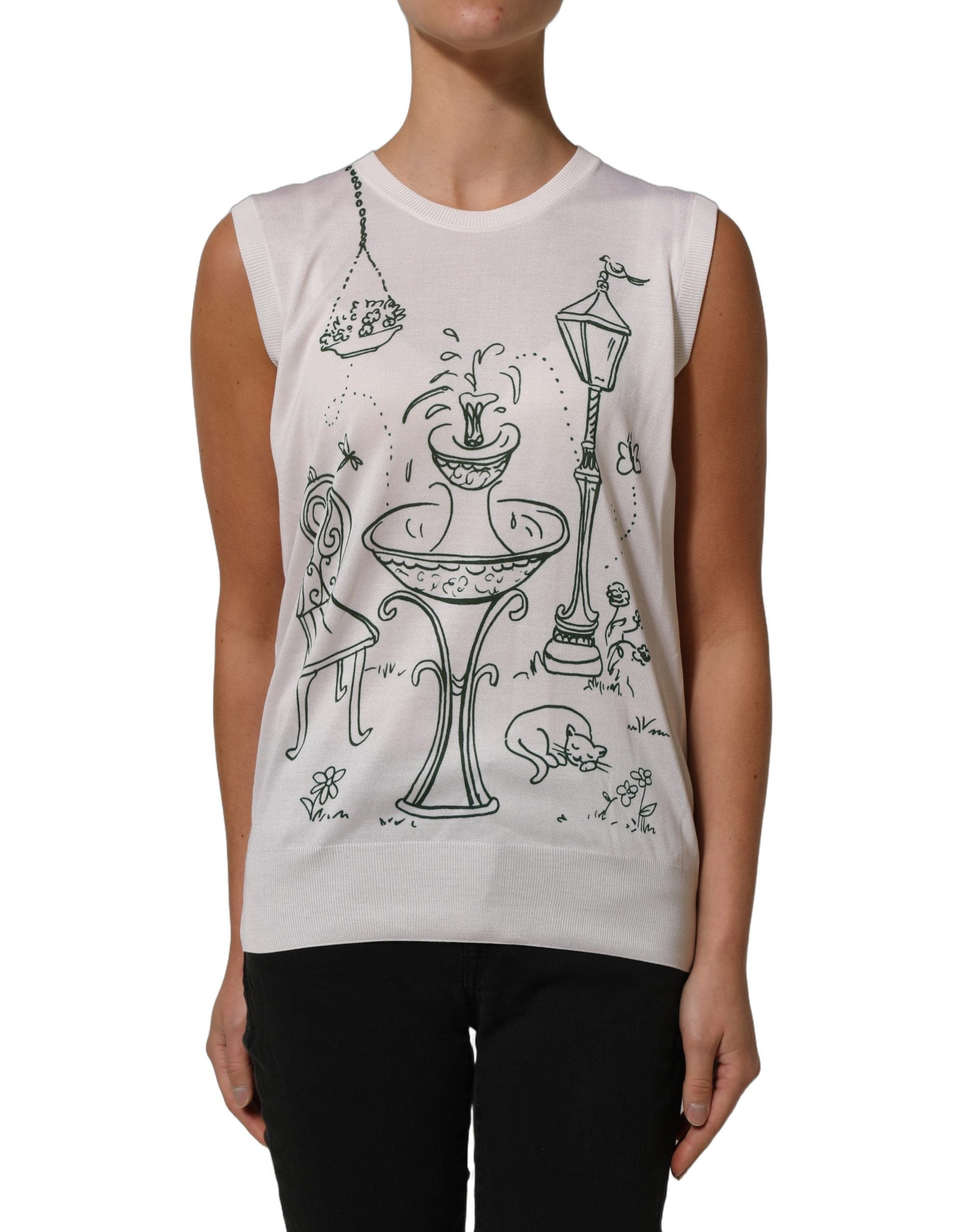 Dolce & Gabbana White Silk Knit Garden Fountain Print Tank Top