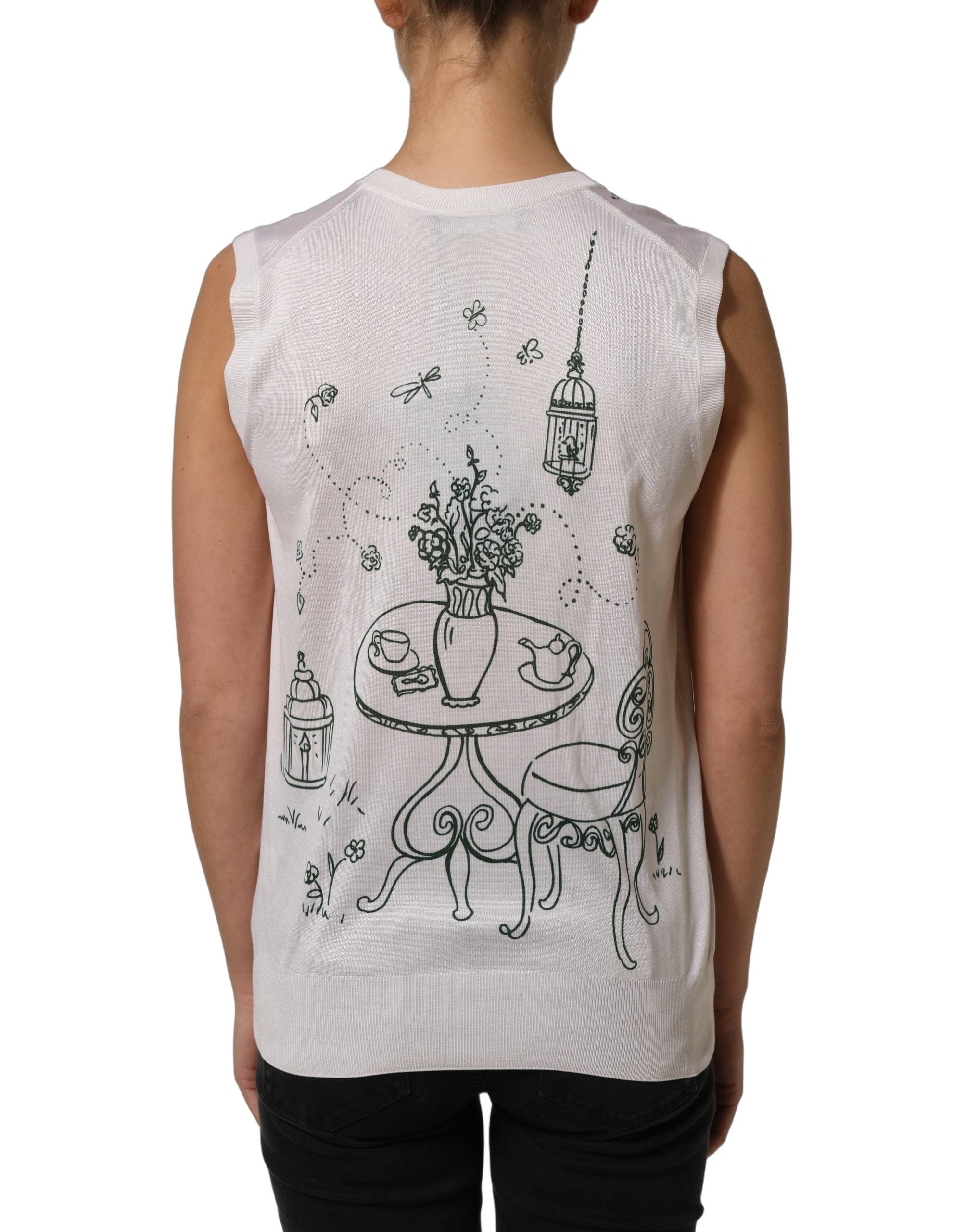 Dolce & Gabbana White Silk Knit Garden Fountain Print Tank Top