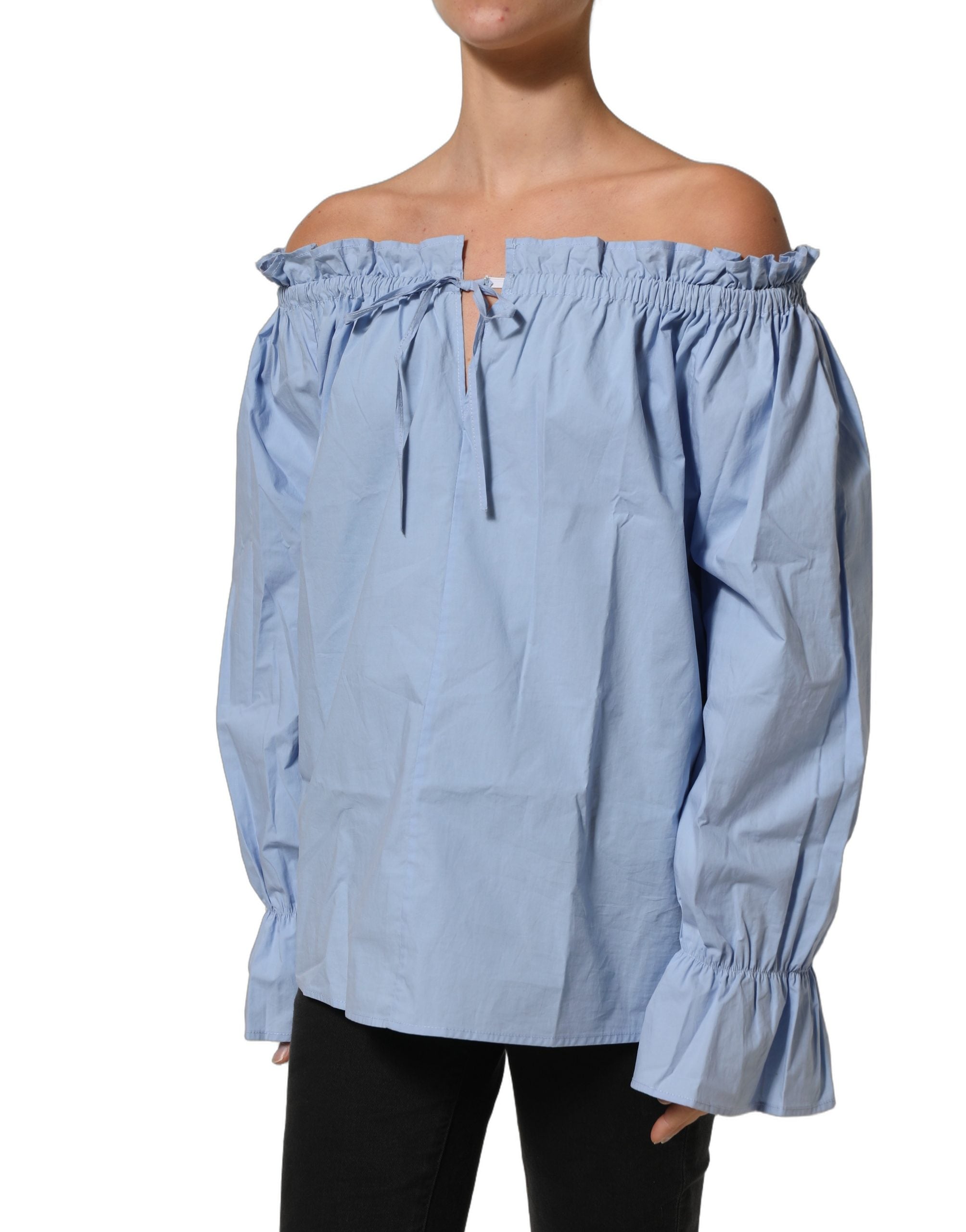 L'Autre Chose Light Blue Cotton Off Shoulder Long Sleeves Top