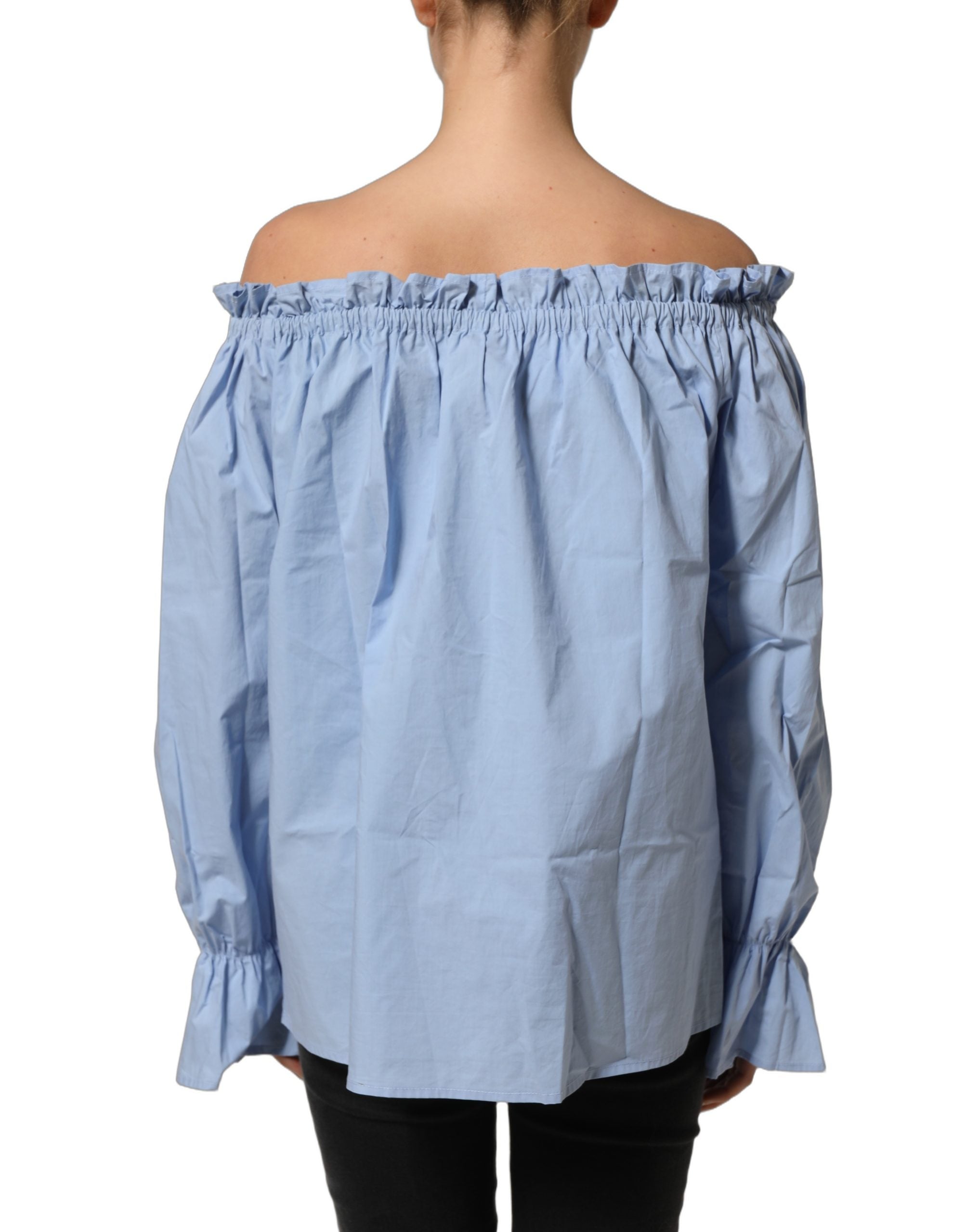L'Autre Chose Light Blue Cotton Off Shoulder Long Sleeves Top