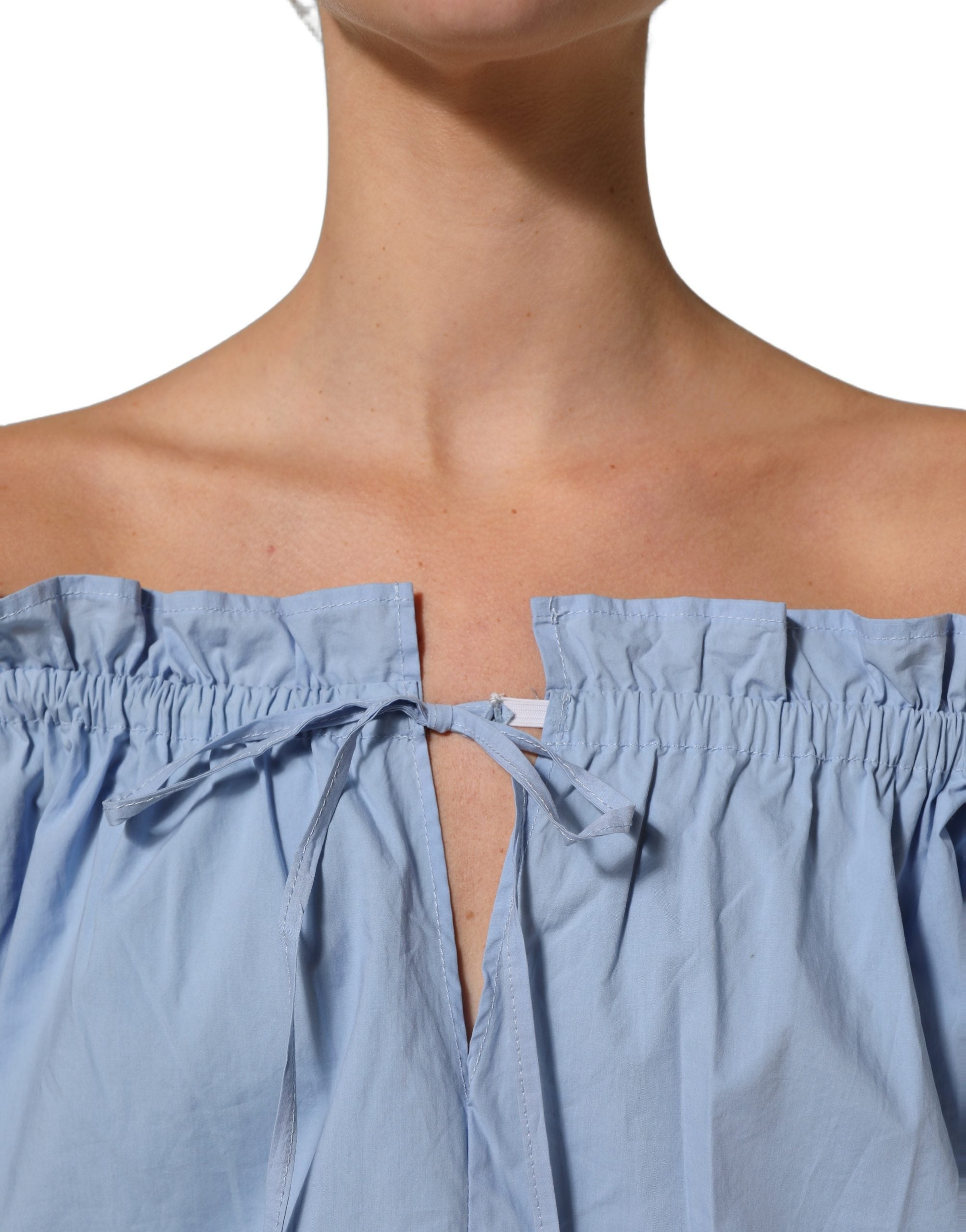 L'Autre Chose Light Blue Cotton Off Shoulder Long Sleeves Top
