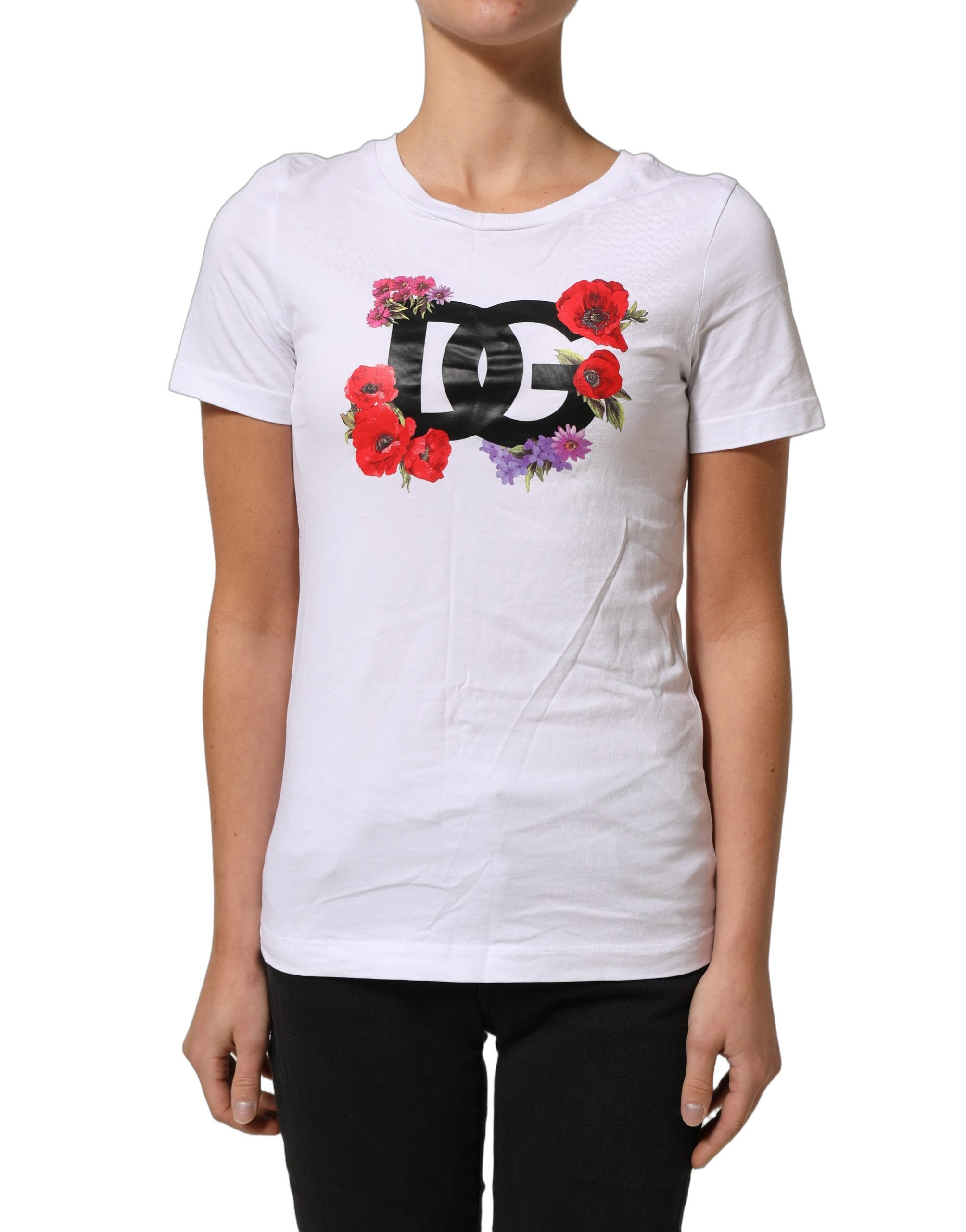 Dolce & Gabbana White Floral Logo Cotton Round Neck T-shirt