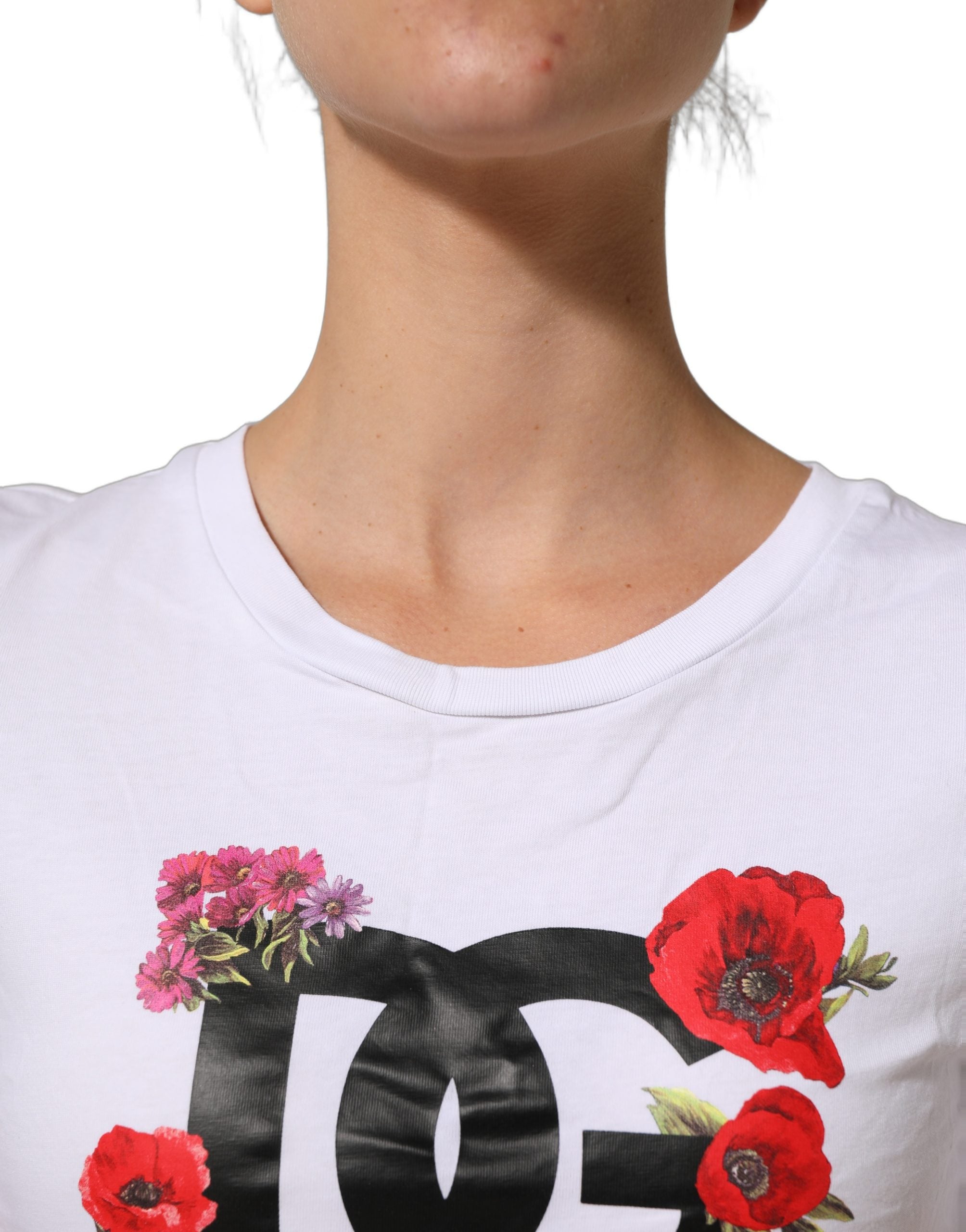 Dolce & Gabbana White Floral Logo Cotton Round Neck T-shirt