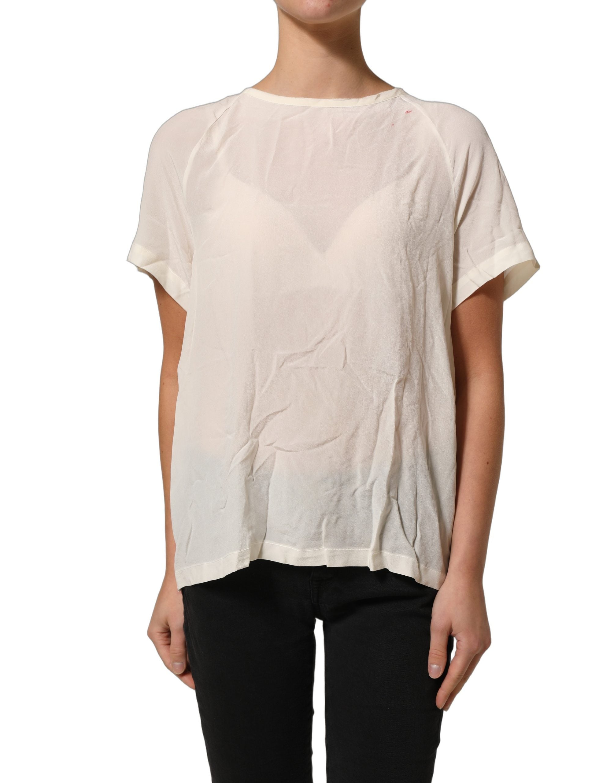 PINKO Off White Silk Sheer Round Neck Short Sleeves Blouse Top