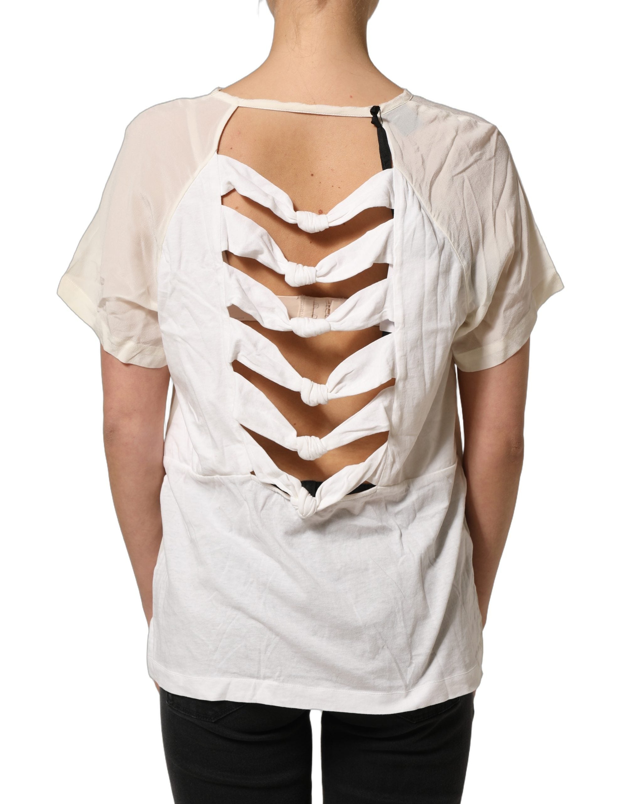 PINKO Off White Silk Sheer Round Neck Short Sleeves Blouse Top