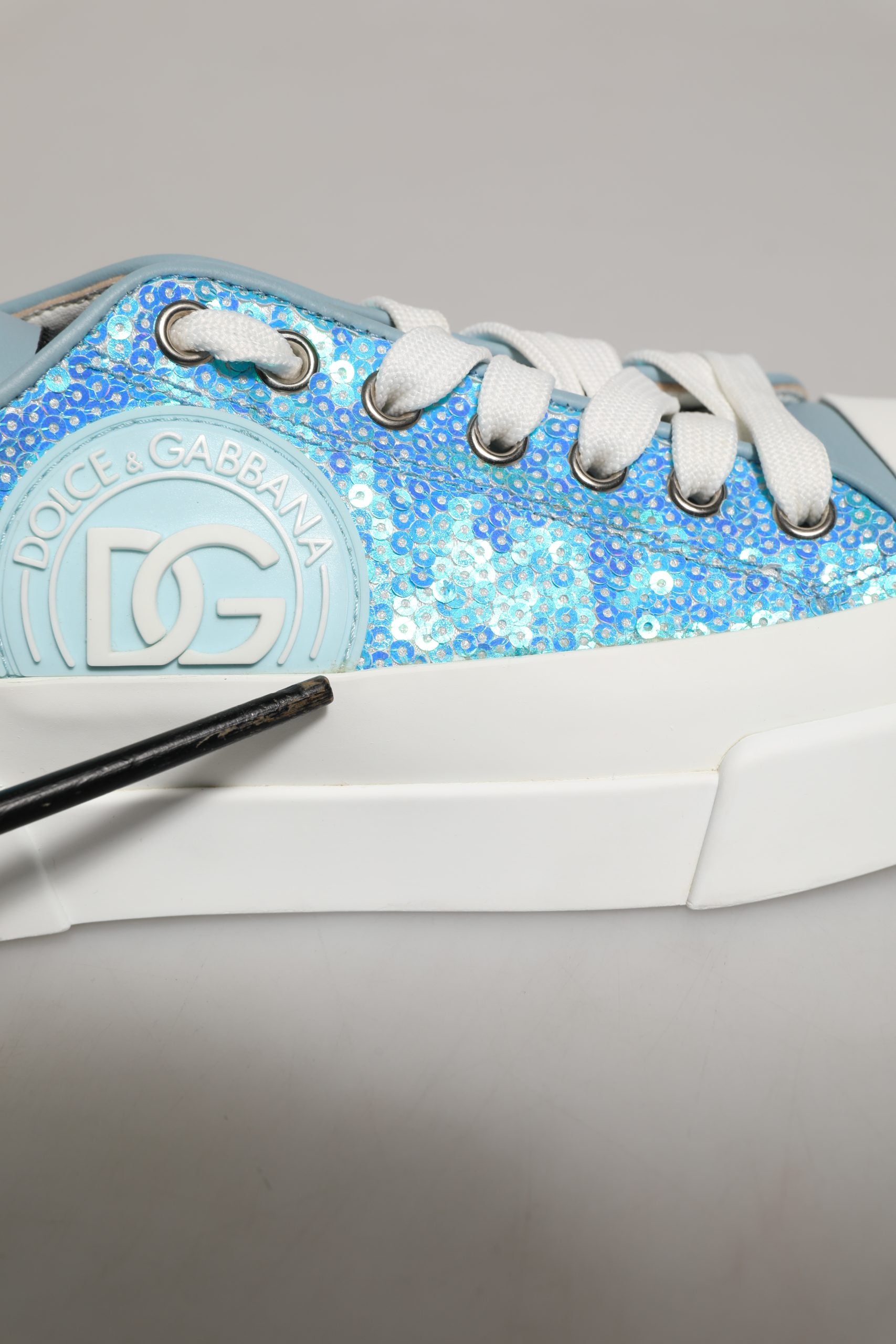 Dolce & Gabbana Blue White Sequin Logo Low Top Sneakers Shoes