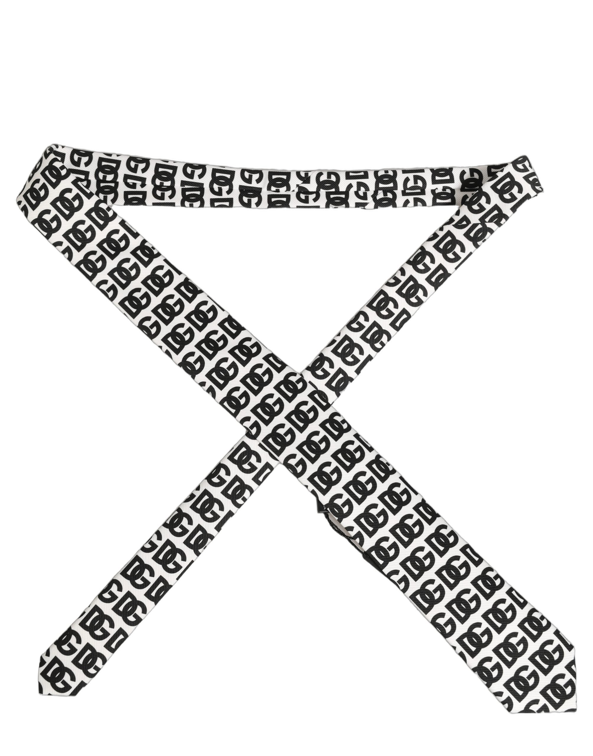 Dolce & Gabbana White Black Logo Monogram Wide Adjustable Men Necktie Tie