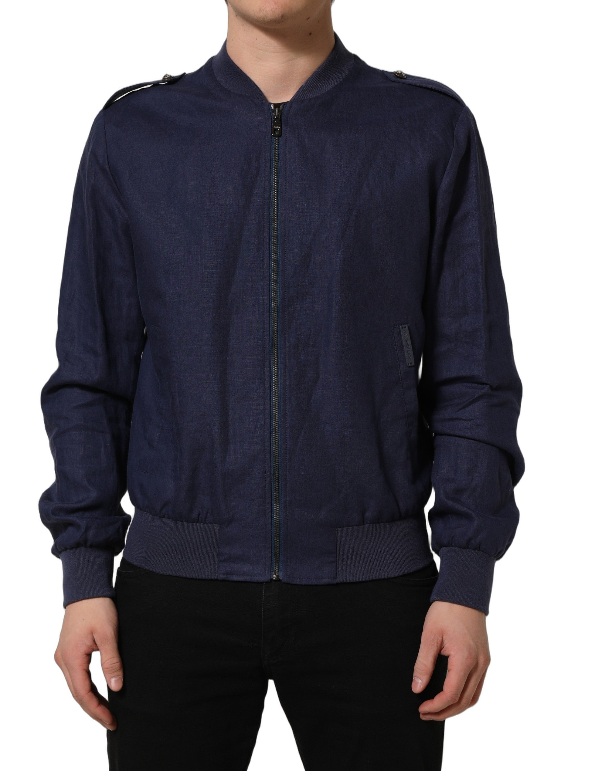 Dolce & Gabbana Blue Linen Full Zip Men Bomber Jacket