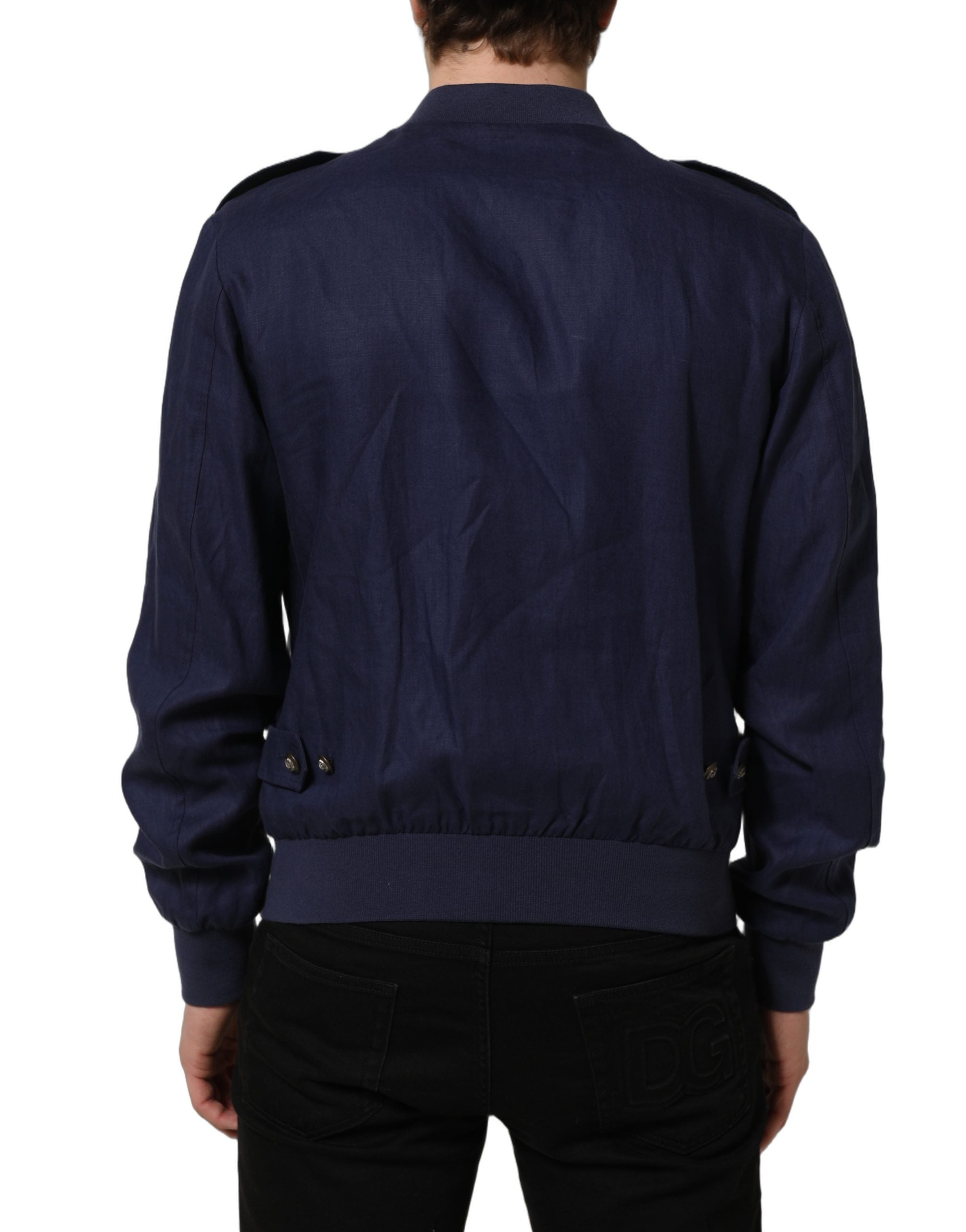 Dolce & Gabbana Blue Linen Full Zip Men Bomber Jacket