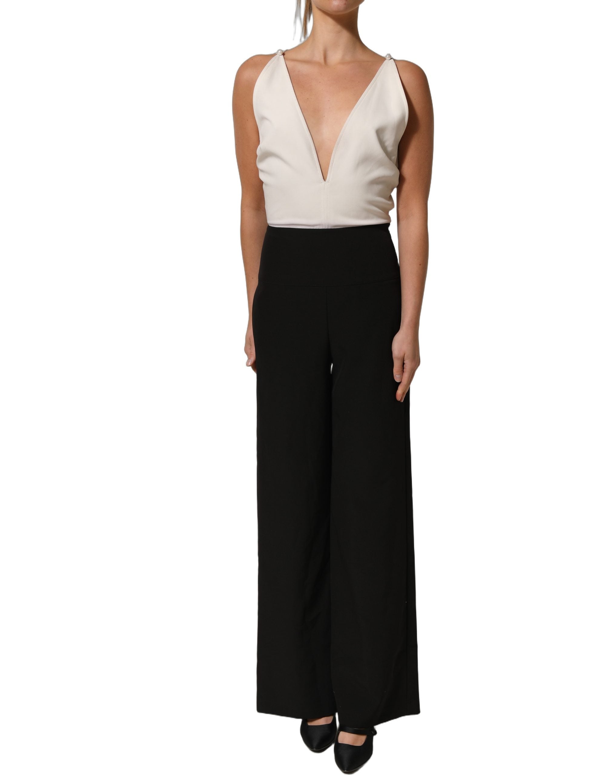 Atos Lombardini White Black Plunging Neck Sleeveless Bodysuit Dress