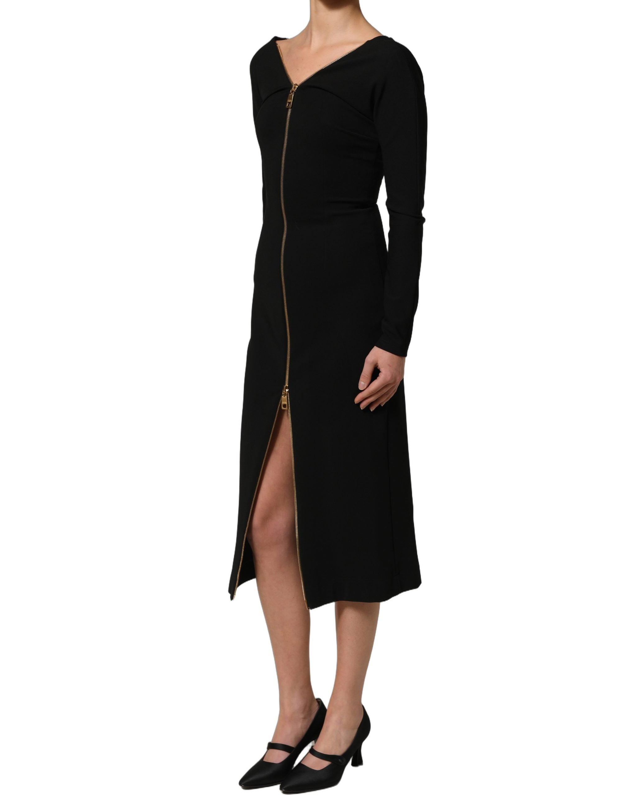 Dolce & Gabbana Black Long Sleeves Front Zipper Midi Dress